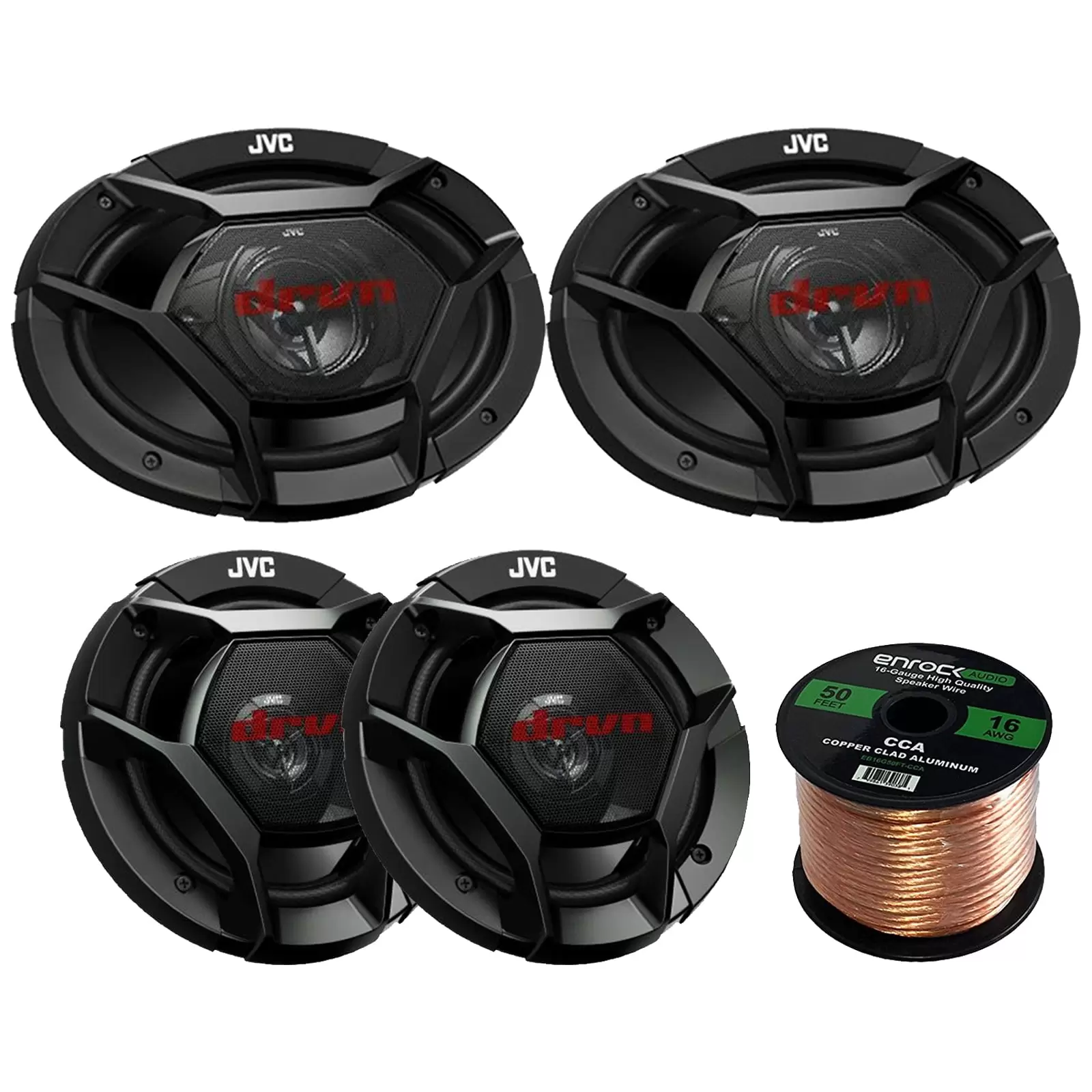 Car Speaker Bundle Combo: 2x JVC DR621 6.5 2-Way 600 Watt And 2x DR6931 6x9 Inch 1000-Watt 3-Way DR-Series Audio Coaxial Upgrade Speakers + Enrock 50 Foot 16 Gauge Speaker Wire