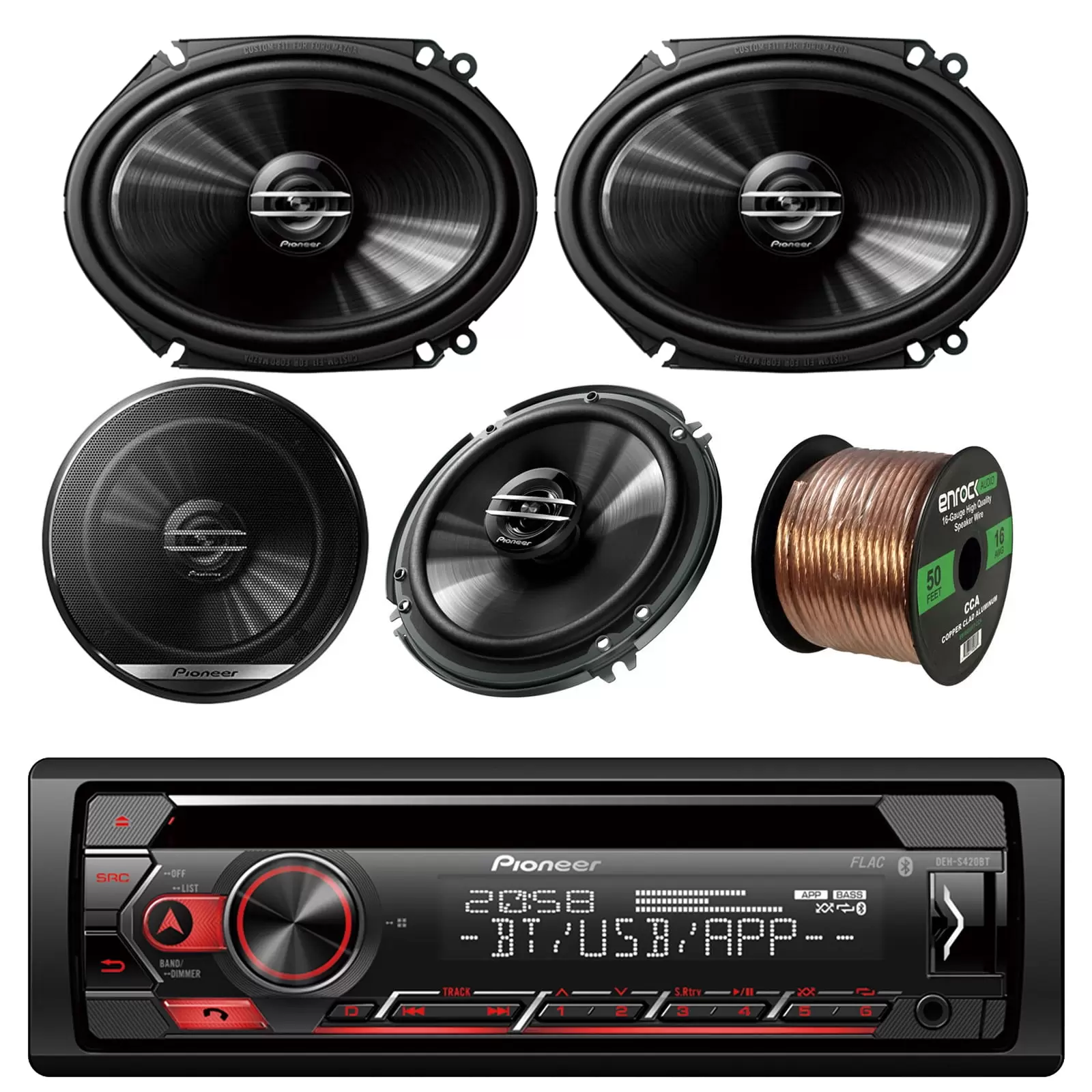 Pioneer DEH-S420BT Bluetooth Radio USB AUX CD Player Receiver - Bundle with 2x 250W 6x8 2-Way Coaxial Car Audio Speakers + 2x 6.5Speakers + Enrock 50 Ft 16 Gauge Speaker Wire