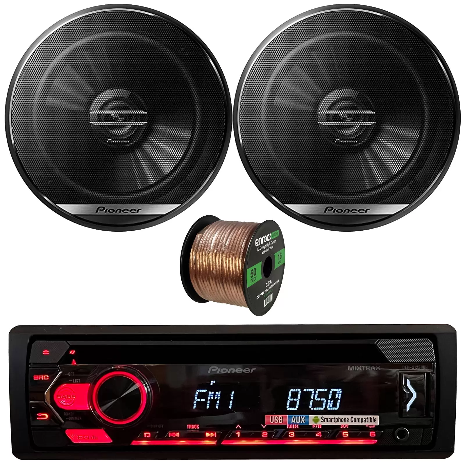 Pioneer DEH-S1250UB Single DIN AM/FM Radio USB AUX CD Player Car Receiver Bundle Combo with 2x 6.5 300 Watts Peak Power 2-Way Coaxial Automotive Audio Speakers. 16 AWG Gauge 50 Feet Speaker Wire