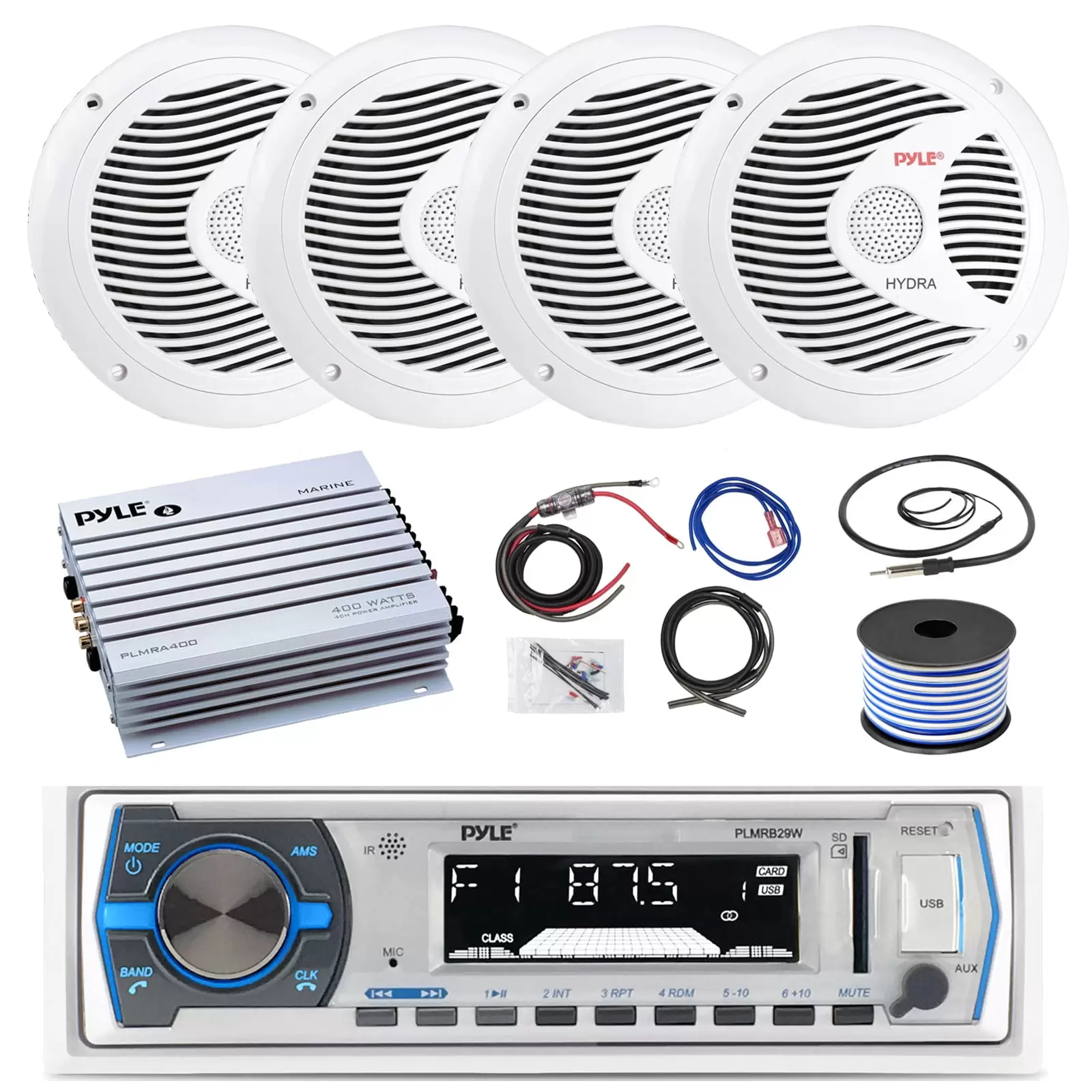 16-25' Bay Boat: Pyle Bluetooth Marine Stereo Receiver. 4 x Pyle 150W 6.5'' Marine Speakers (White). Pyle 4 Channel Waterproof Amplifier. Pyle Amp Install Kit. 18 Gauge 50 FT Speaker Wire. Antenna