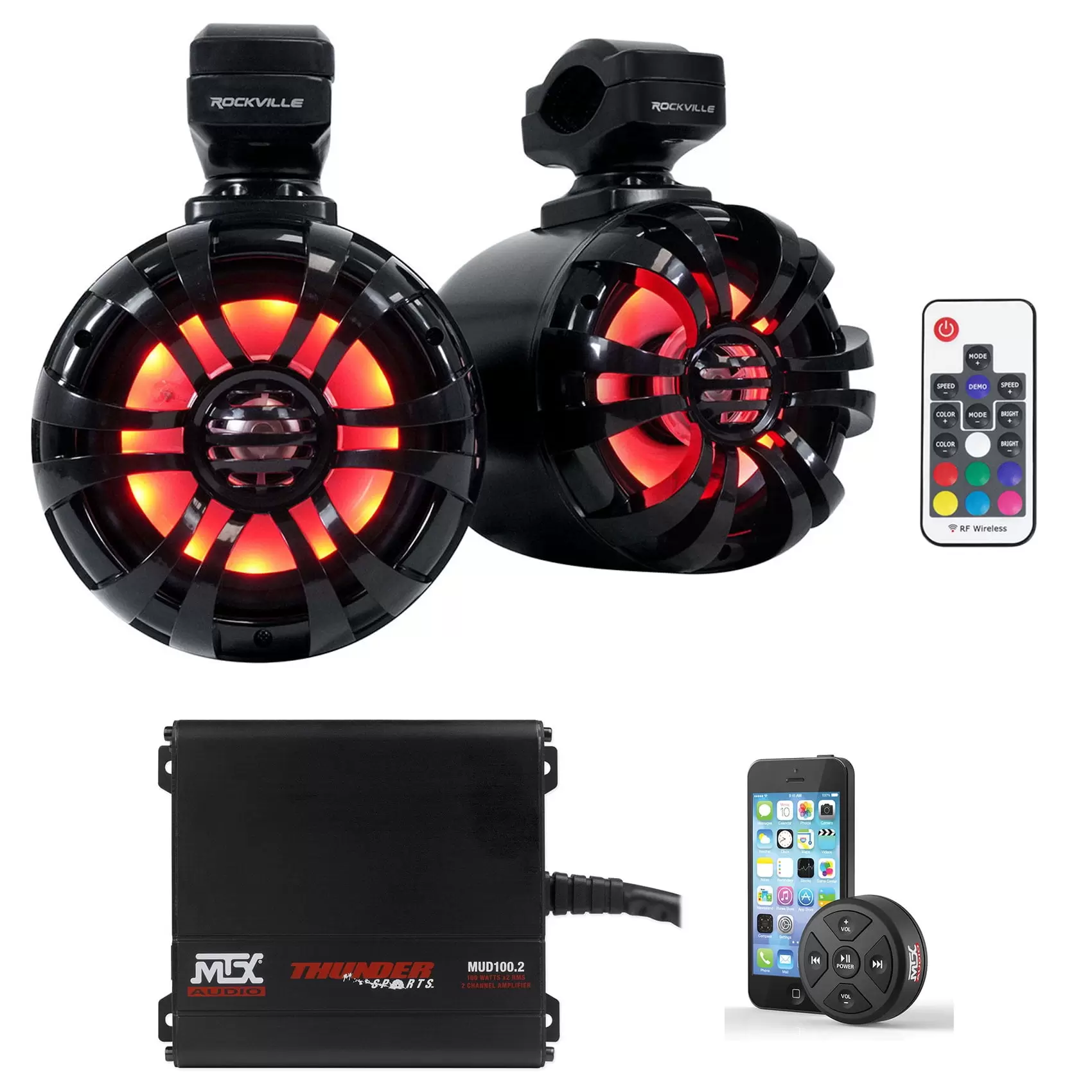 (2) Rockville 5.25 LED Black Tower Speakers+MTX Amp+Bluetooth For ATV/UTV/Cart