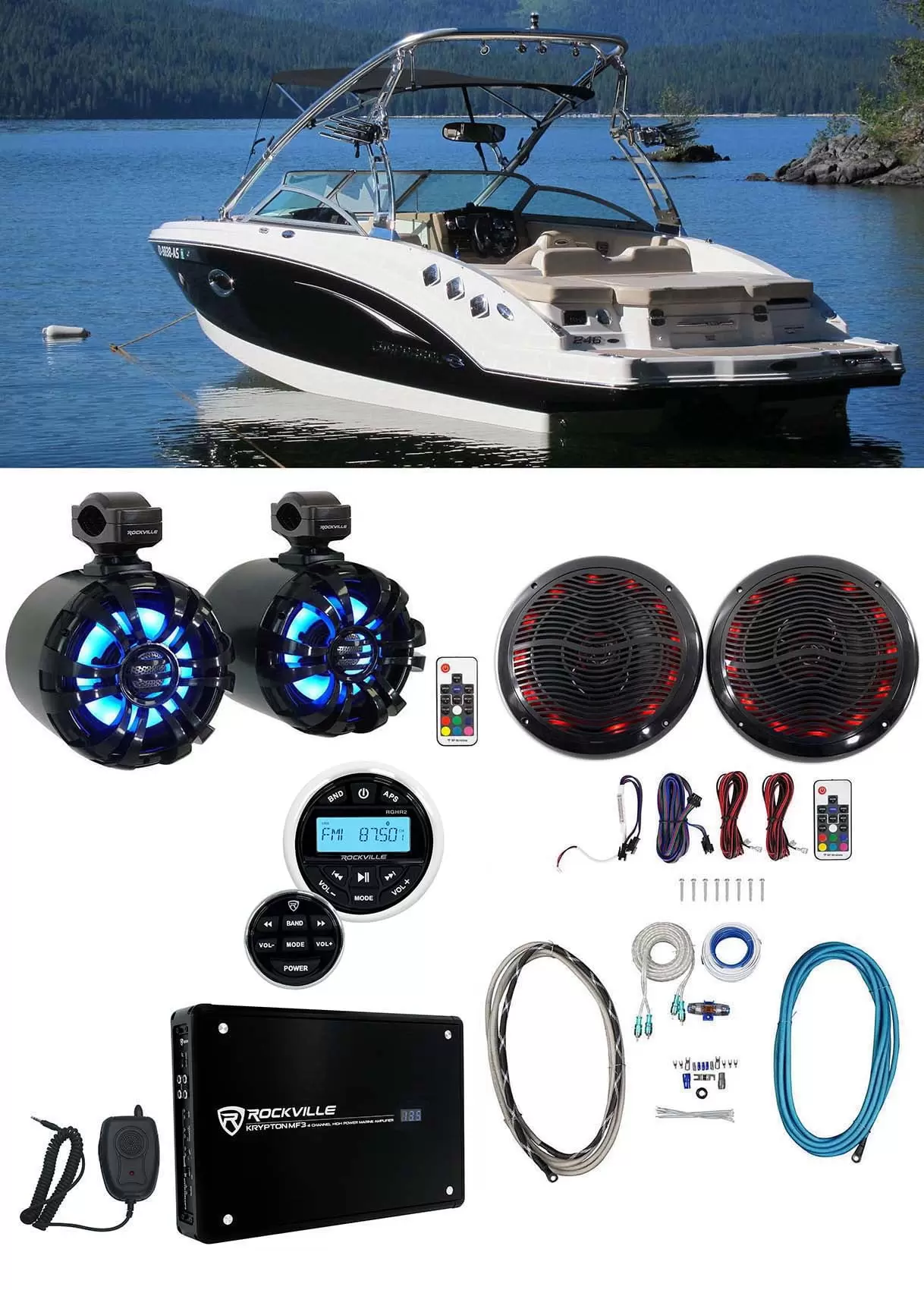 2 Rockville 6.5 LED Swivel Black Marine Wakeboard+Coaxial Speakers+Receiver+Amp