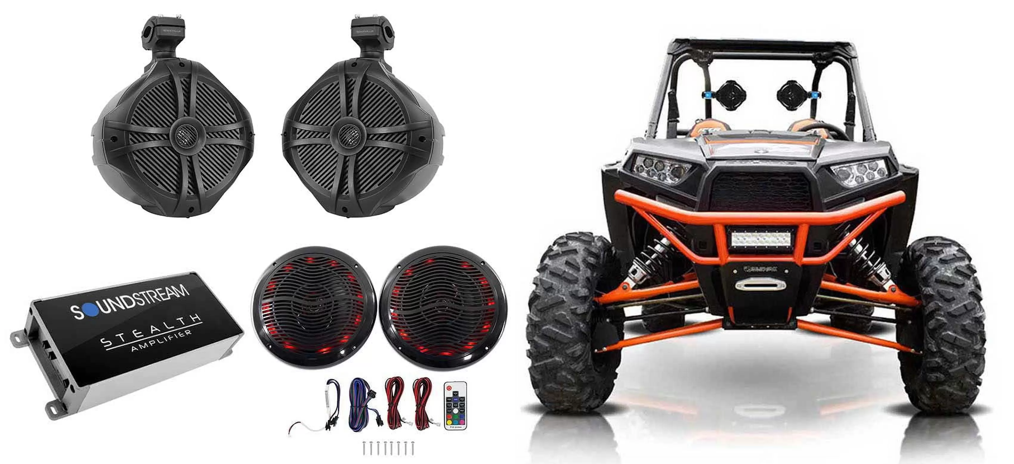 2 Rockville 8 Tower+2 6.5 LED Speakers+4-Channel Amp for Polaris RZR/ATV/UTV