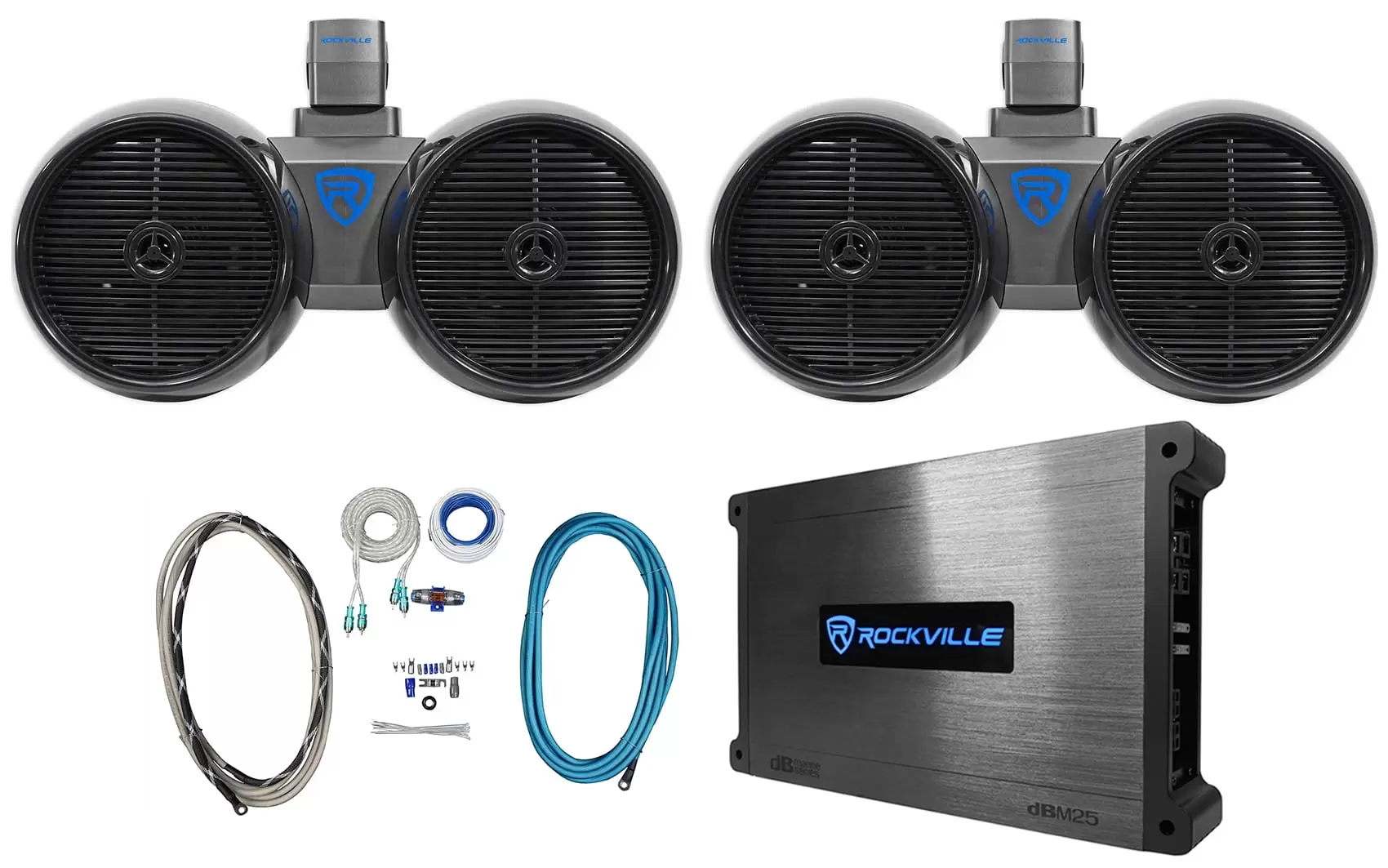 (2) Rockville DWB80B Dual 8 Black 800w Marine Wakeboard Tower Speakers+Amp+Kit