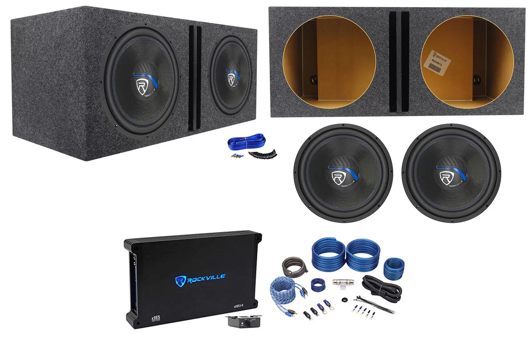 2) Rockville K5 W15K5S4 15 2000w Subwoofers+Vented Sub Box+Mono Amplifier+Wires