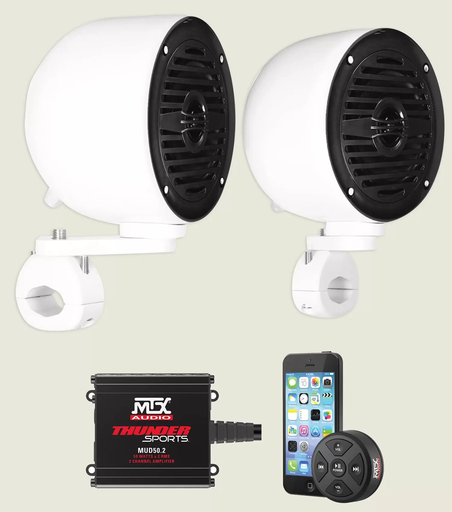 2 Rockville MS40B White 4 Tower Speakers+MTX Amp+Bluetooth For ATV/UTV/Cart