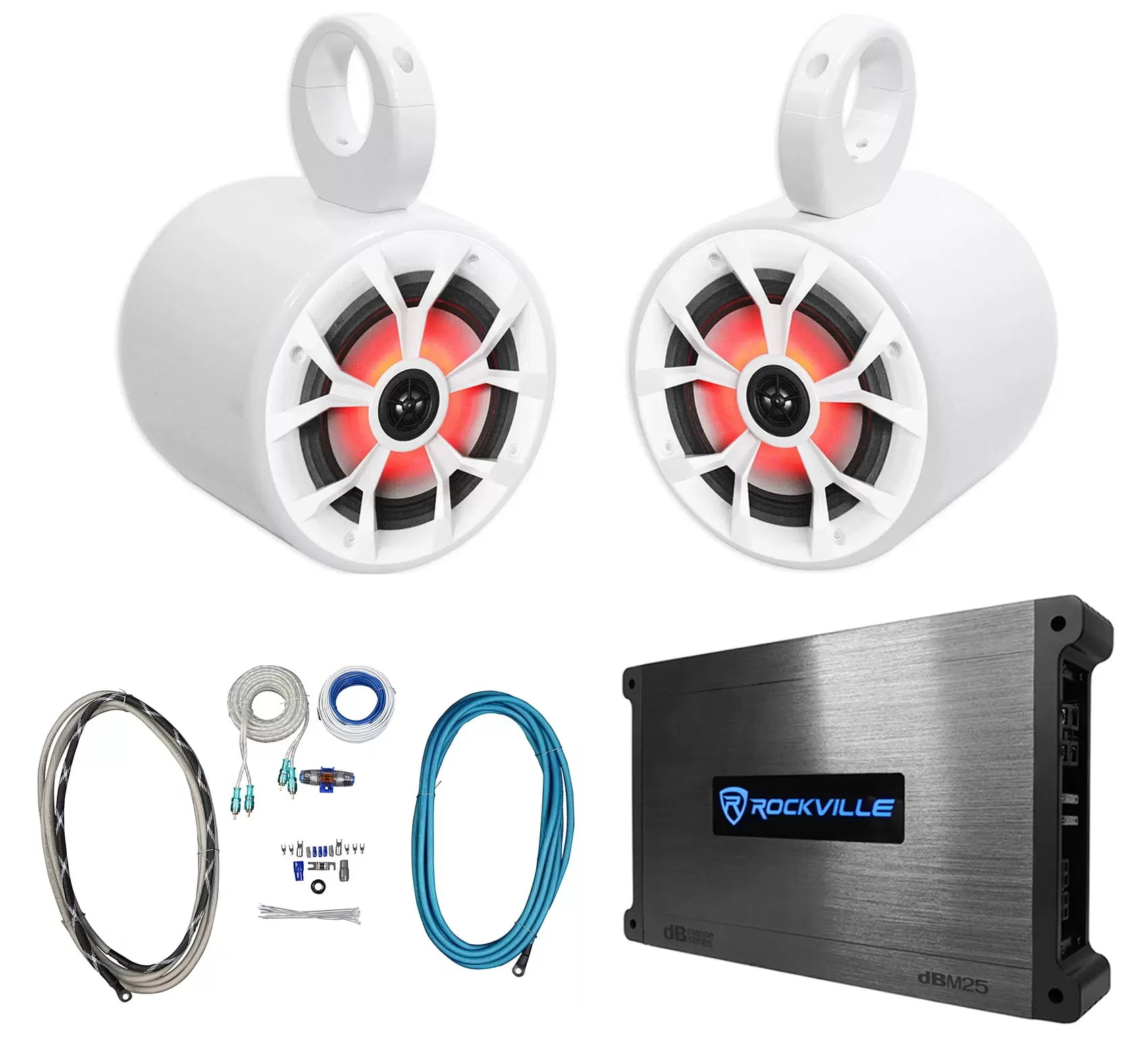 2) Rockville RKL65MBW 6.5 700w Marine Wakeboard LED Speakers+Amplifier+Amp Kit