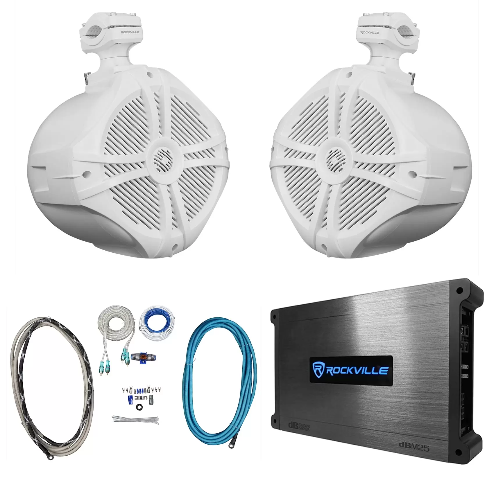 (2) Rockville RWB90W 8 White 600w Marine Wakeboard Tower Speakers+Amplifier+Kit