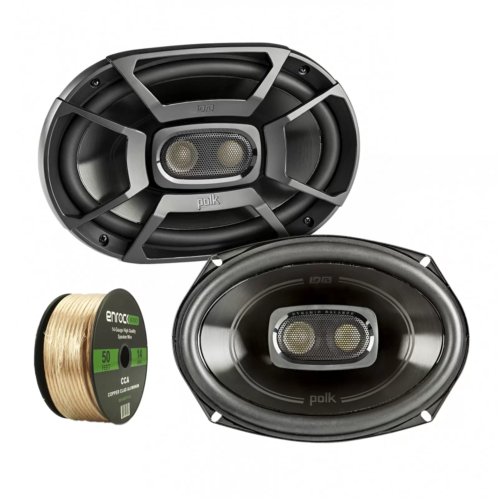 2X Polk 6x9 Inch 450W 3-Way Car/ Boat Coaxial Stereo Audio Speakers Marine DB692. Enrock Audio 14 AWG Gauge 50 Feet Speaker Wire Cable