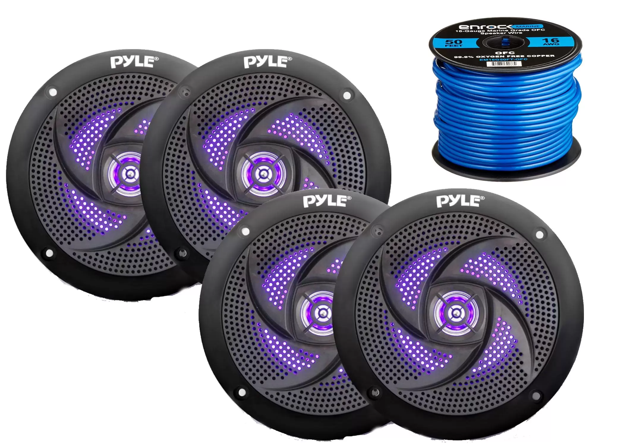 4x Pyle Marine 5.25 2-Way Waterproof Black LED Low Profile Slim Style Speakers. 16-Gauge 50 Foot Tinned Speaker Wire