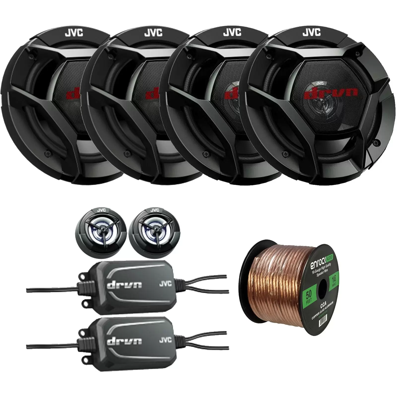 2x JVC CS-DR601C drvn DR Series 6.5 2-Way 360 Watts Peak Power Car Audio Component Speakers. 2x 6.5 2-Way Coaxial 300 Watts Max Power Vehicle Audio Speakers. 16 Gauge 50 Feet Speaker Wire