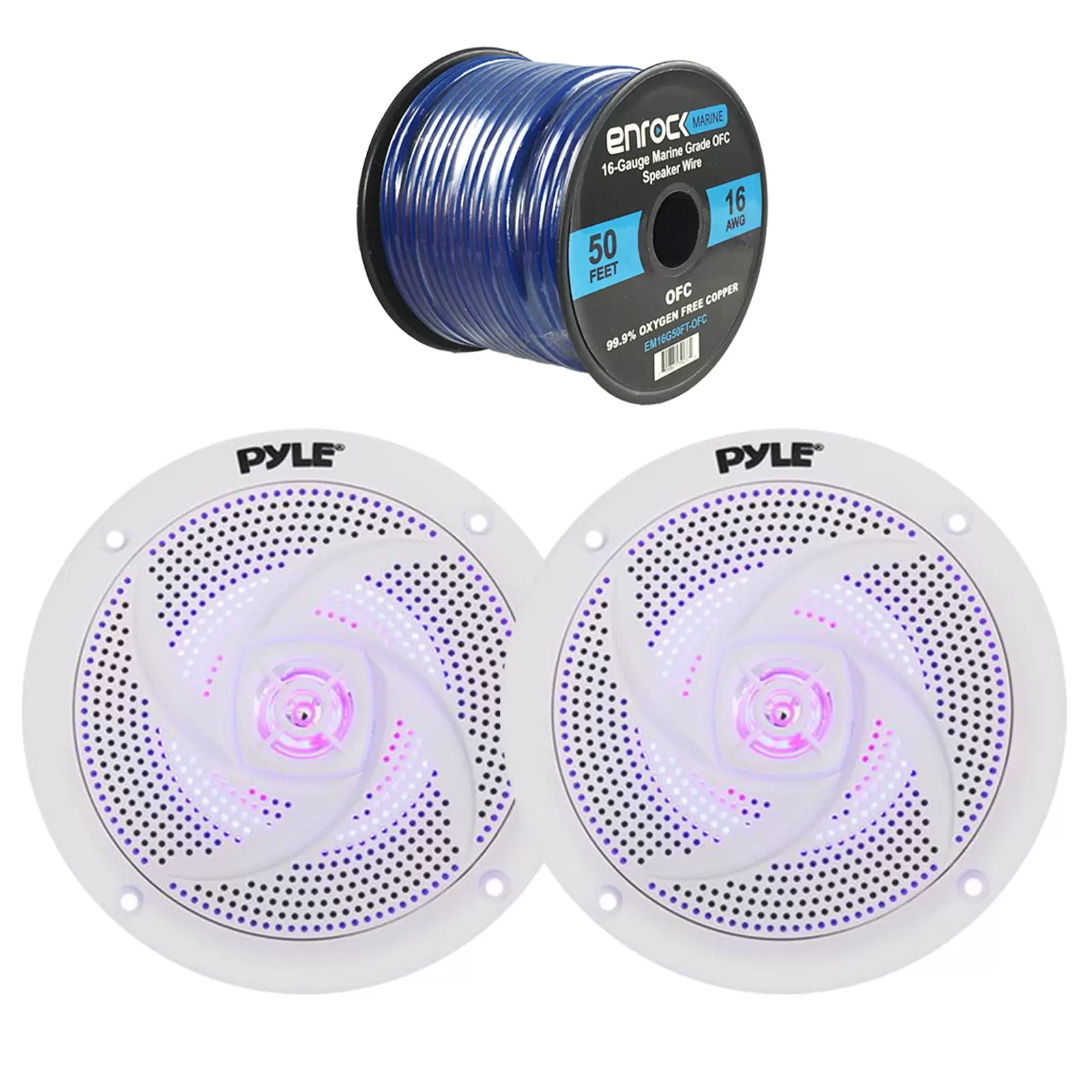 4x Pyle Marine 5.25 2-Way Waterproof White LED Low Profile Slim Style Speakers. 16-Gauge 50 Foot Tinned Speaker Wire