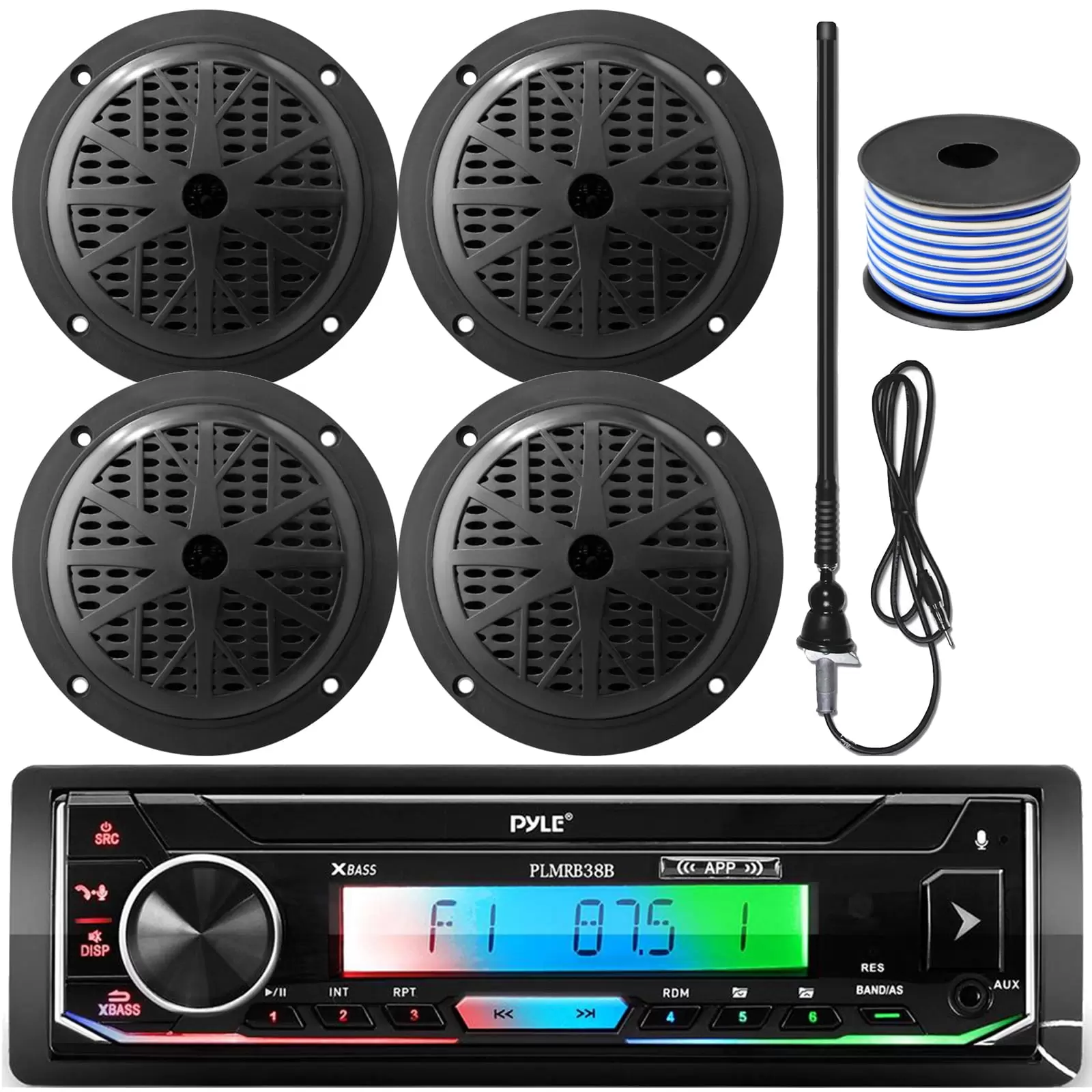 Pyle 16-25' Bay Boat Single DIN Bluetooth Marine Stereo Receiver Bundle Combo with 4x 5.25'' 100 Watt Black Waterproof Marine Speakers. 18 Gauge 50 Feet Speaker Wire. Black Rubber Mast Radio Antenna