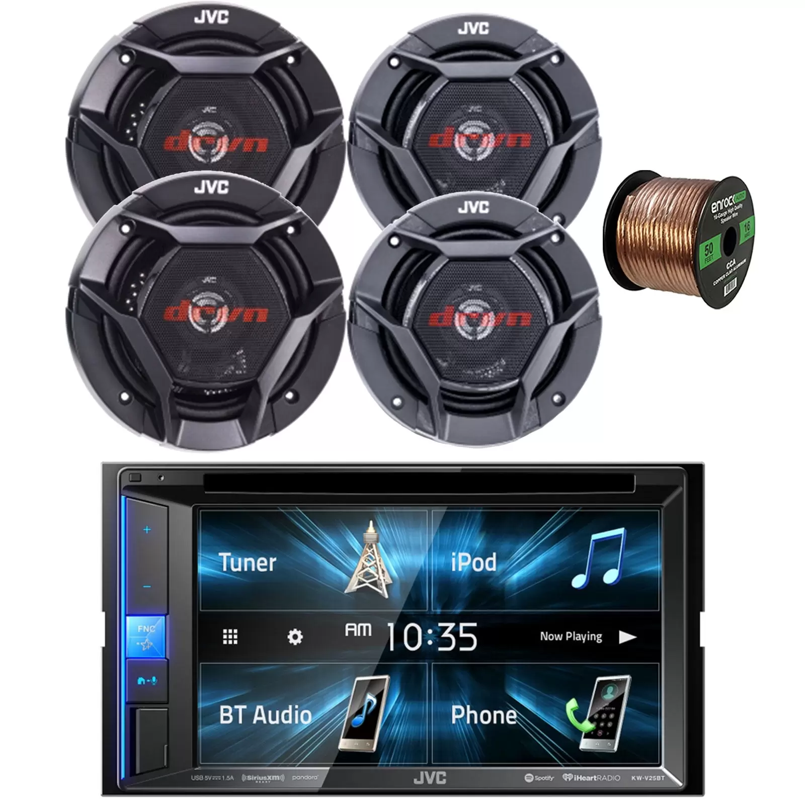 JVC KW-V25BT Double-DIN AM/FM Radio Bluetooth USB CD Player Receiver Bundle with 2x 5.25 2-Way Coaxial 260W Peak Car Audio Speakers. 2x 6.5 Coaxial 300W Max Vehicle Speakers. Speaker Wire