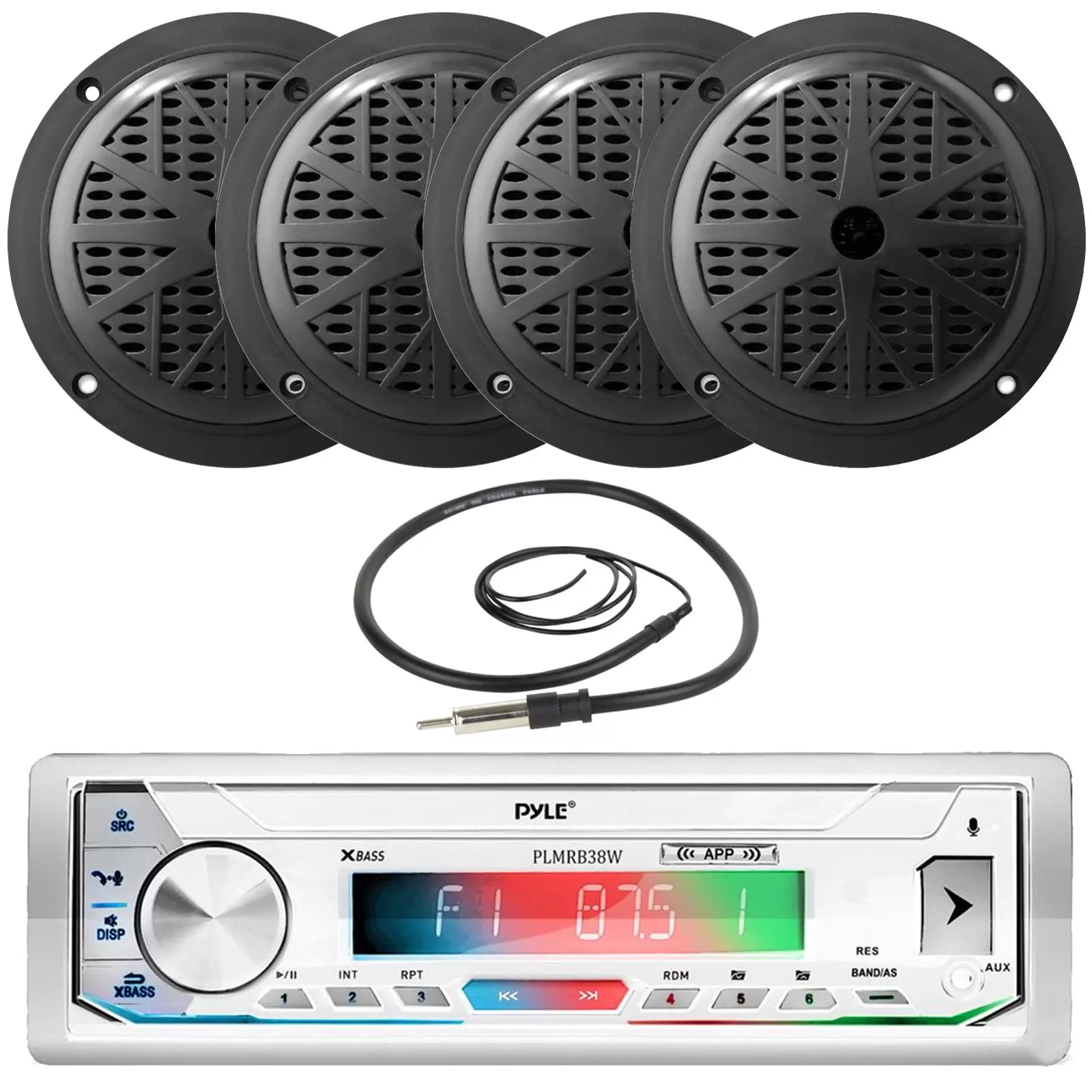 Pyle PLMRB39W Single DIN AM/FM Radio USB/AUX Bluetooth Marine Stereo White Receiver with 2 Pairs of 5.25'' 100 Watts 2-Way Full Range Black Waterproof Marine Stereo Speakers. Wired Antenna