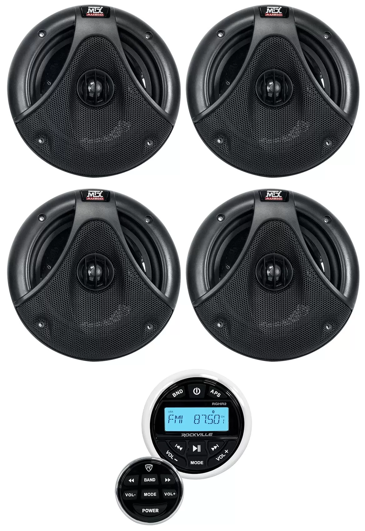 (4) MTX TM652WB-B 6.5 75w RMS! Marine Boat Speakers+Bluetooth Receiver+Remote