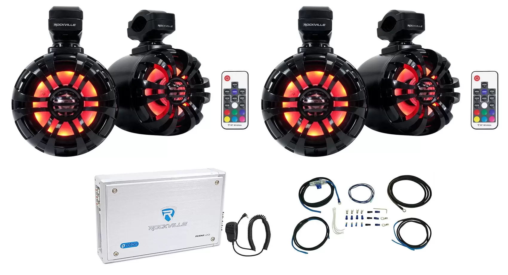 (4) Rockville 5.25 LED Black Tower Speakers+4-Channel Amp For RZR/ATV/UTV/Cart