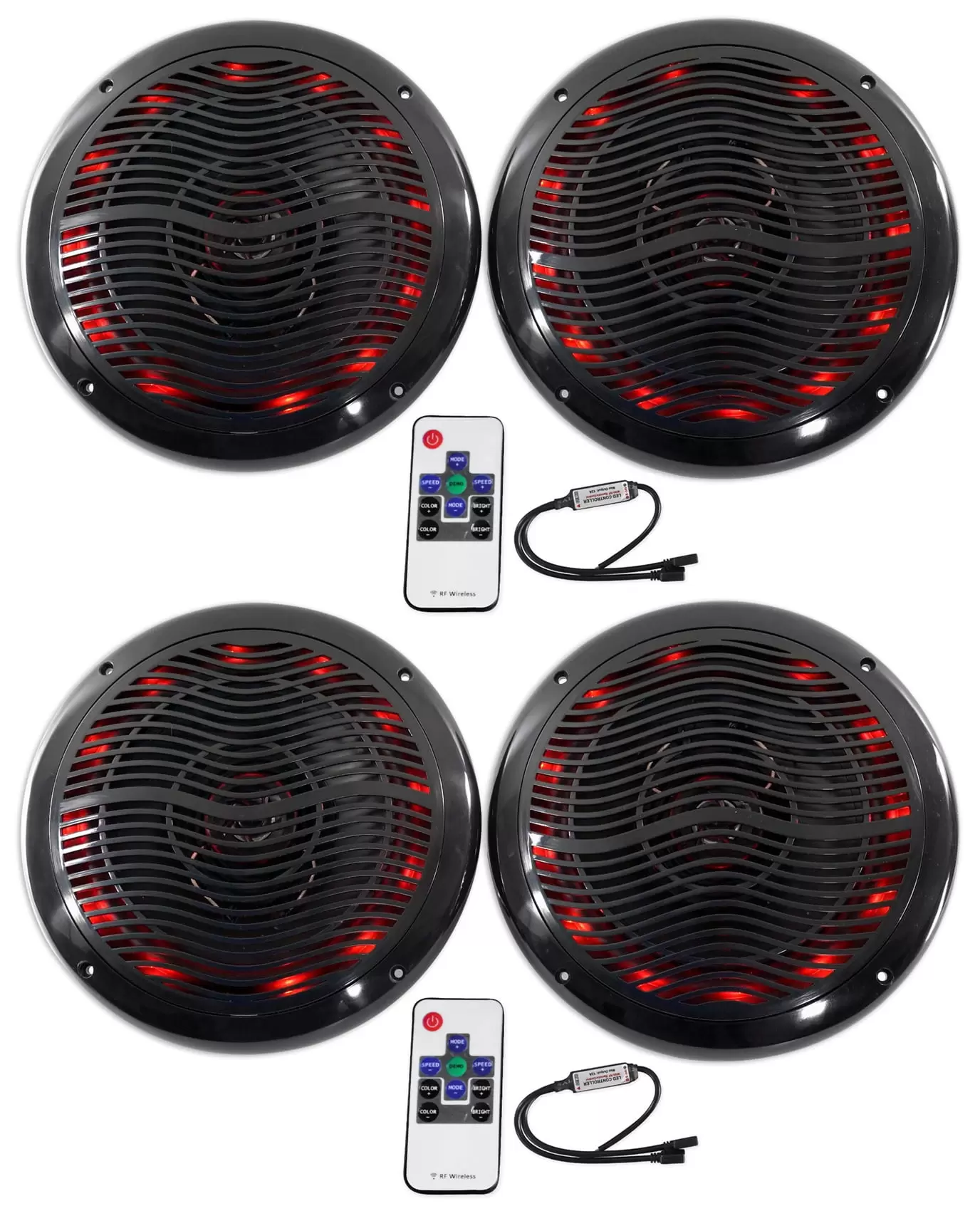 (4) Rockville RMC65LB 6.5 1200w Black Marine Speakers w/Multi Color LED+Remote