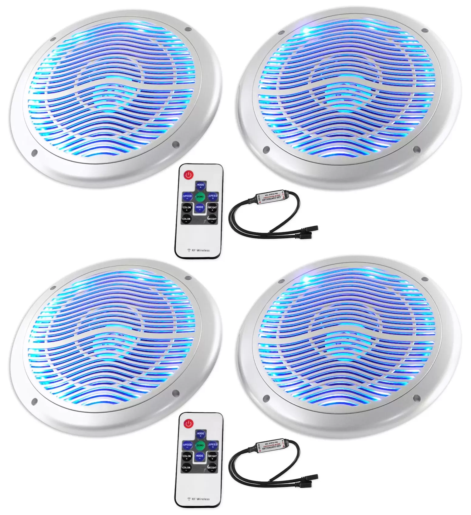 (4) Rockville RMC65LS 6.5 1200w Silver Marine Speakers/Multi Color LED+Remote