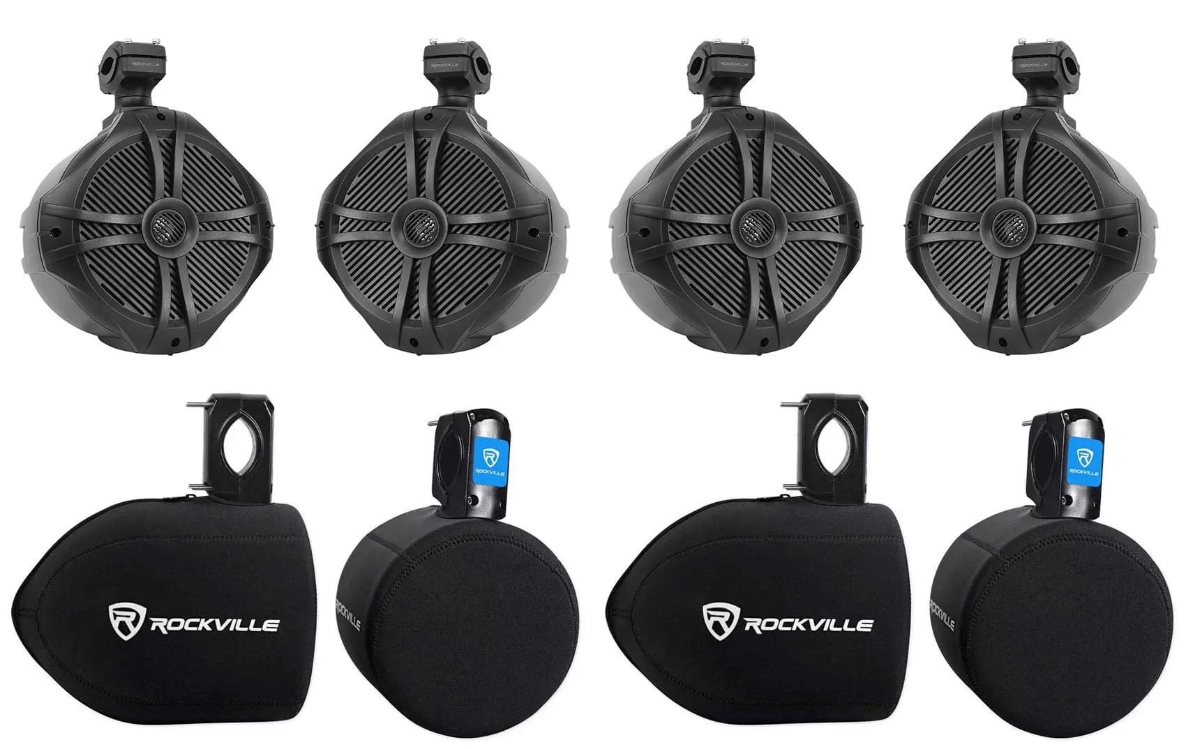 (4) Rockville RWB90B 8 Black 500 Watt Marine Wakeboard Tower Speakers+Covers