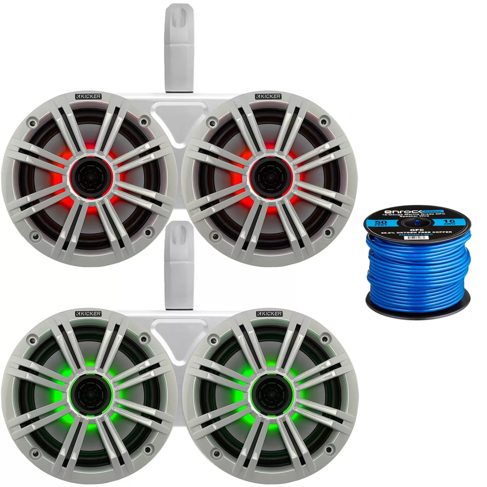 4 x Kicker 6.5 OEM Replacement 195W Coaxial 2-Way MultiColor LED Speakers (White Grilles) with Weather-Proof White Twin Tower Enclosures. Enrock 50 Foot 16-Gauge Speaker Wire