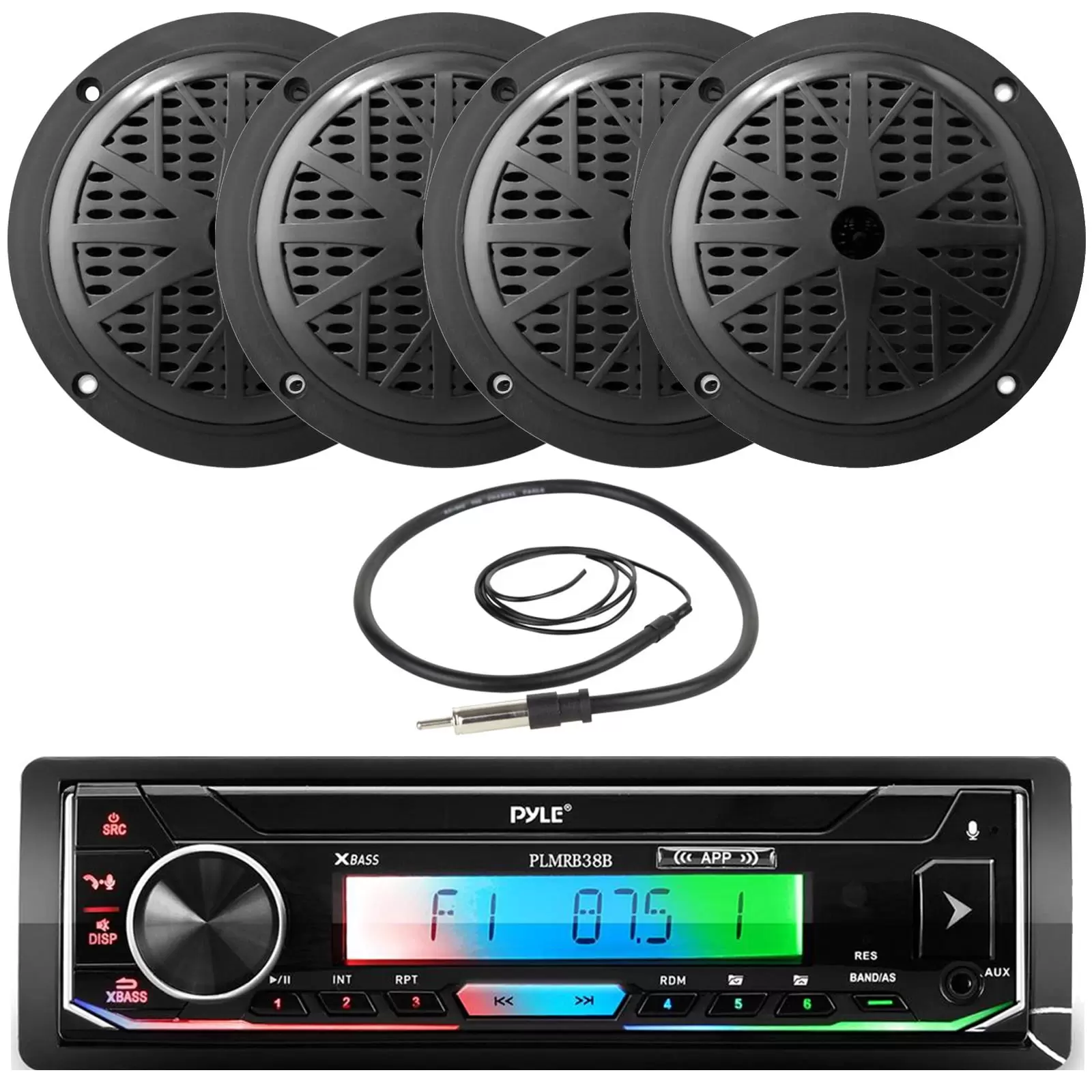 Pyle PLMRB38B Single DIN AM/FM Radio USB/AUX Bluetooth Marine Stereo Black Receiver with 2 Pairs of 5.25'' 100 Watts 2-Way Full Range Black Waterproof Marine Stereo Speakers. Wired Antenna