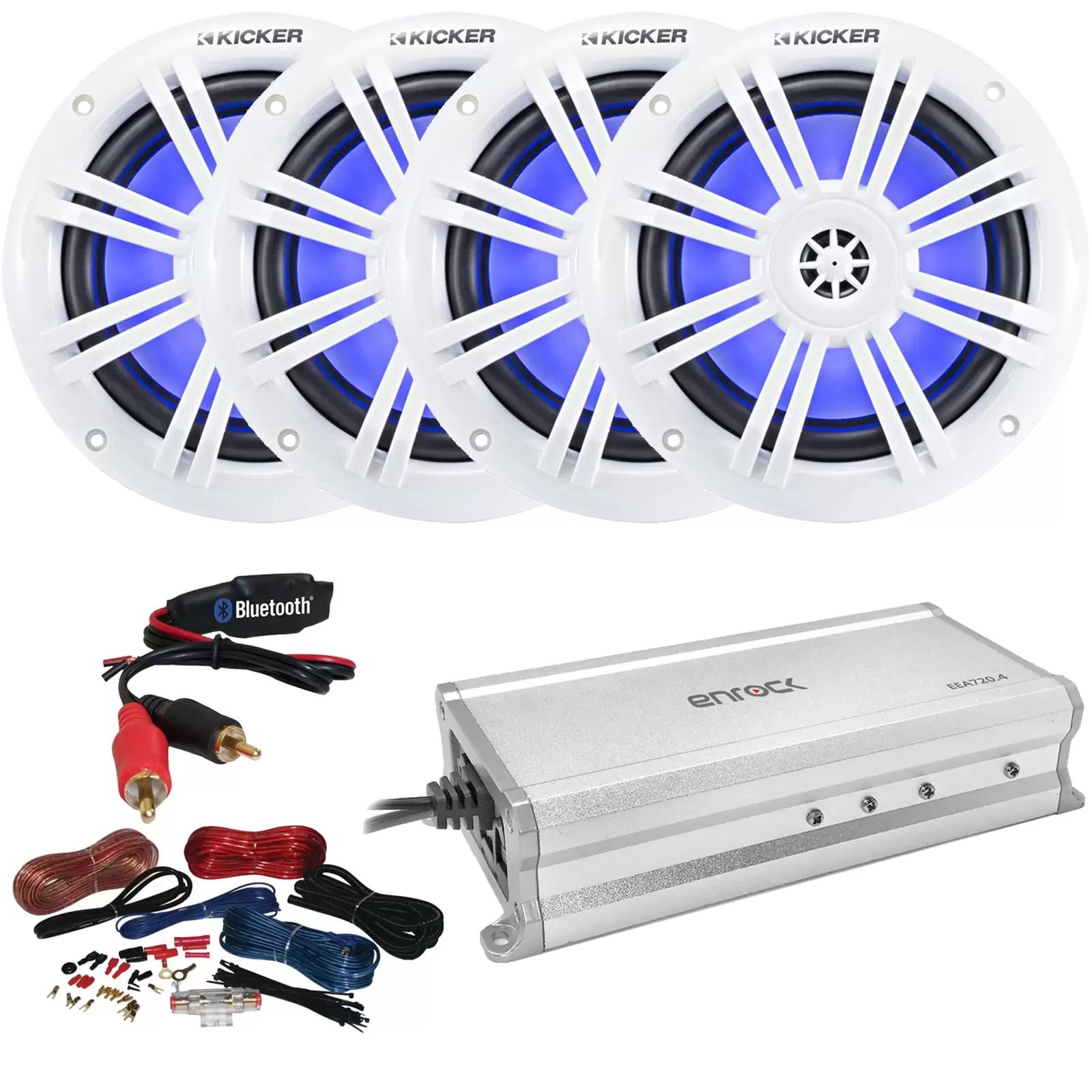 4 x Kicker 6.5 Marine Boat 150W Full-Range Coaxial Blue LED Speakers Combo Bundle with Enrock 720W 4-Channel Powersports Amplifier. 8-Gauge Amp Installation Kit. Bluetooth Adapter