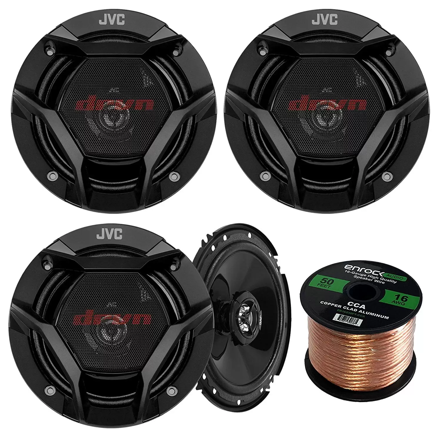 2 Pairs of JVC CS-DR620 6.5 300 Watt 2-Way Stereo Coaxial Car Audio Speakers with 50 ft 16 Gauge Speaker Wire