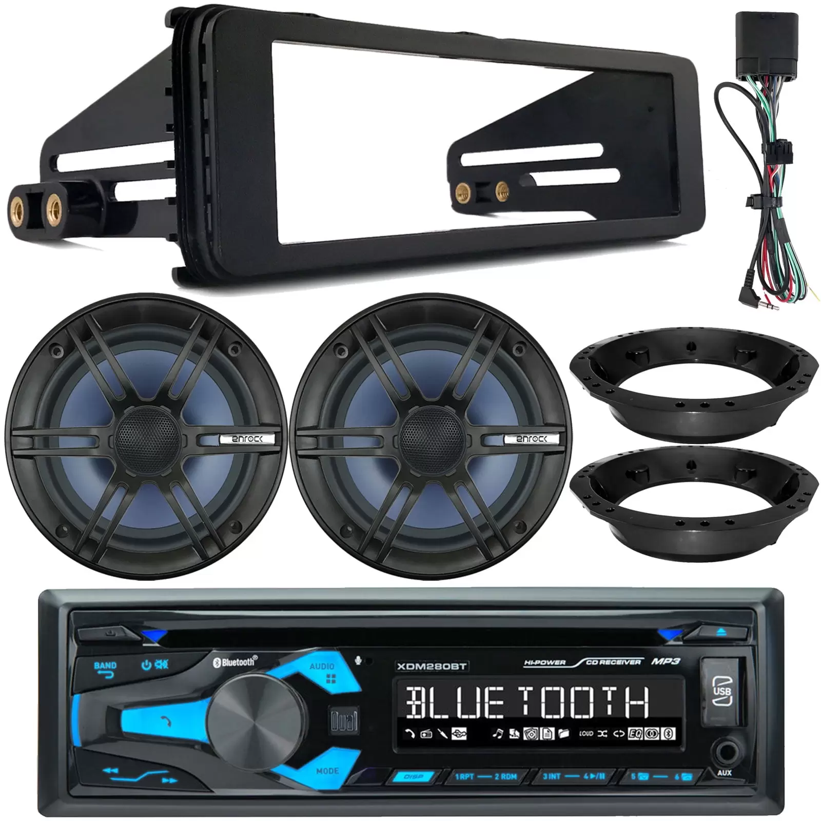 Dual XDM280BT Single DIN Bluetooth AM/FM Radio USB AUX CD Receiver. 2x 6.5 120W Marine Speakers. Stereo Install Kit. Speaker Adapters (Fits Select 1998-2013 Harley Davidson Touring Motorcycles)