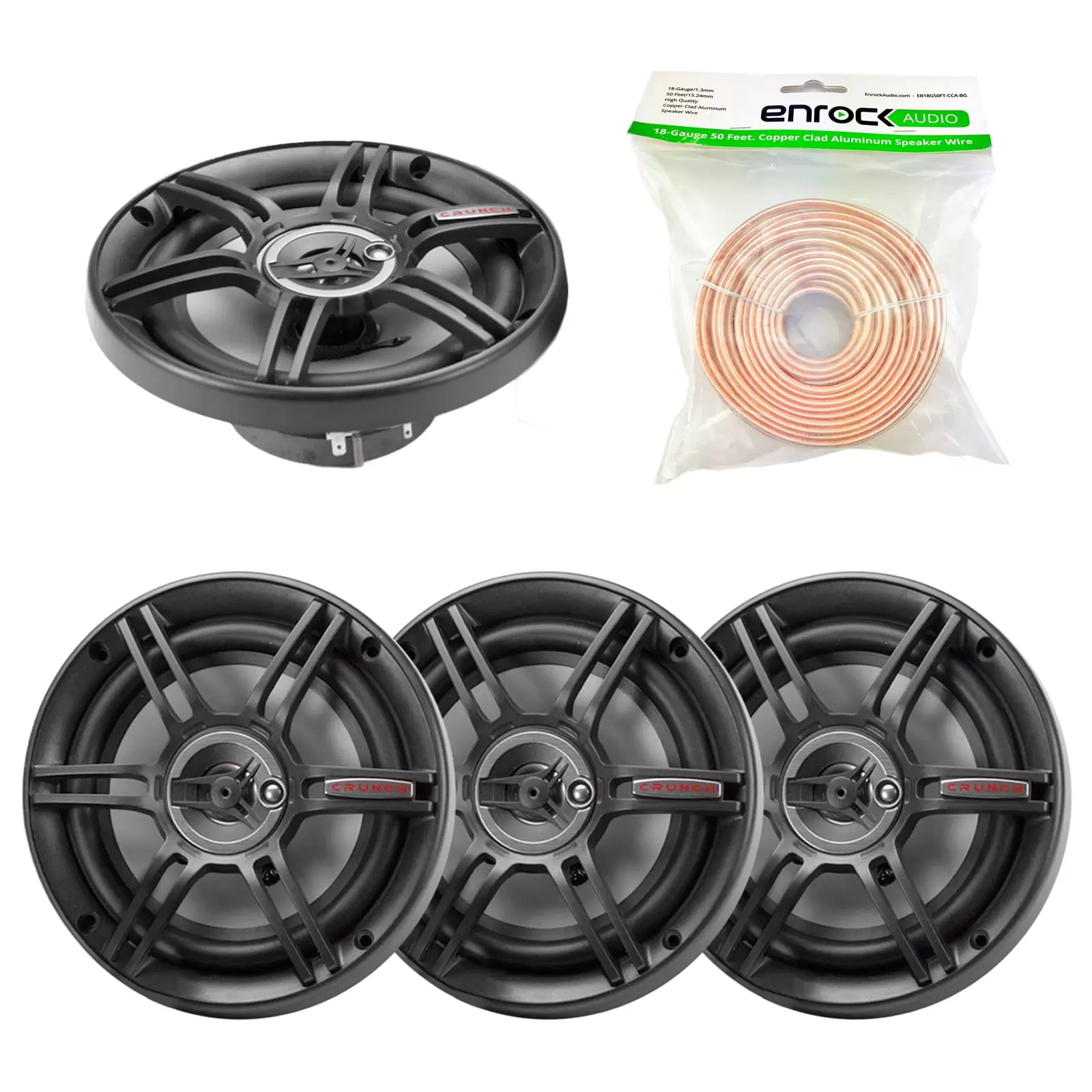 Car Speaker Package Of 2 Pairs of Crunch CS65CXS 6-1/2-Inch Full Range 3-Way Shallow Mount Black Car Coaxial Audio Speaker Bundle Combo With Enrock 50 Foot 18 Gauge Speaker Wire