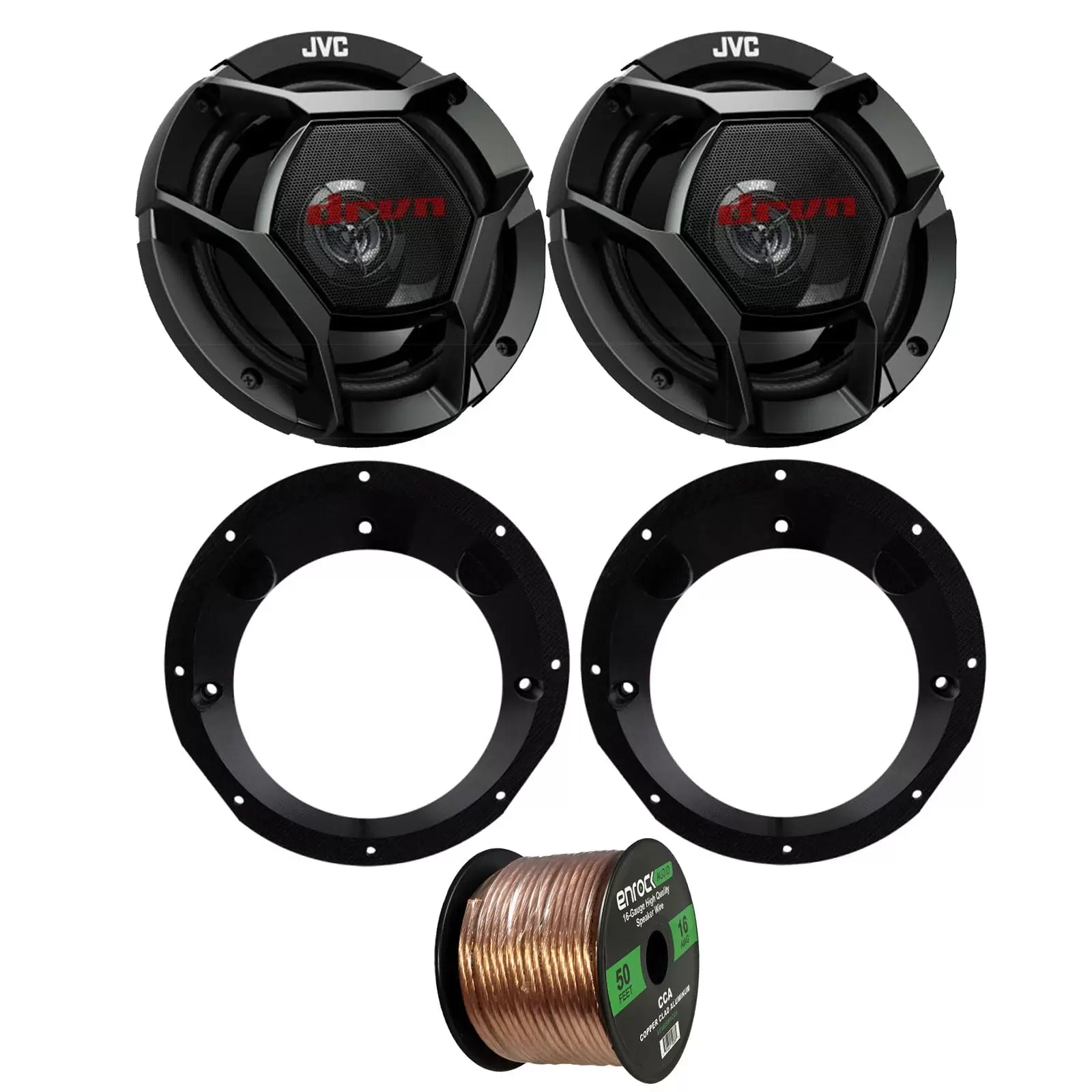 98-13 Motorcycle Speaker Bundle: 2x of JVC 6.75 Inch 300 Watts 2-Way dvrn DR-Series Black Car Stereo Shallow-Mount Coaxial Speakers + Speaker Mounting Rings For Motorcycles + 50 Ft 16G Speaker Wire