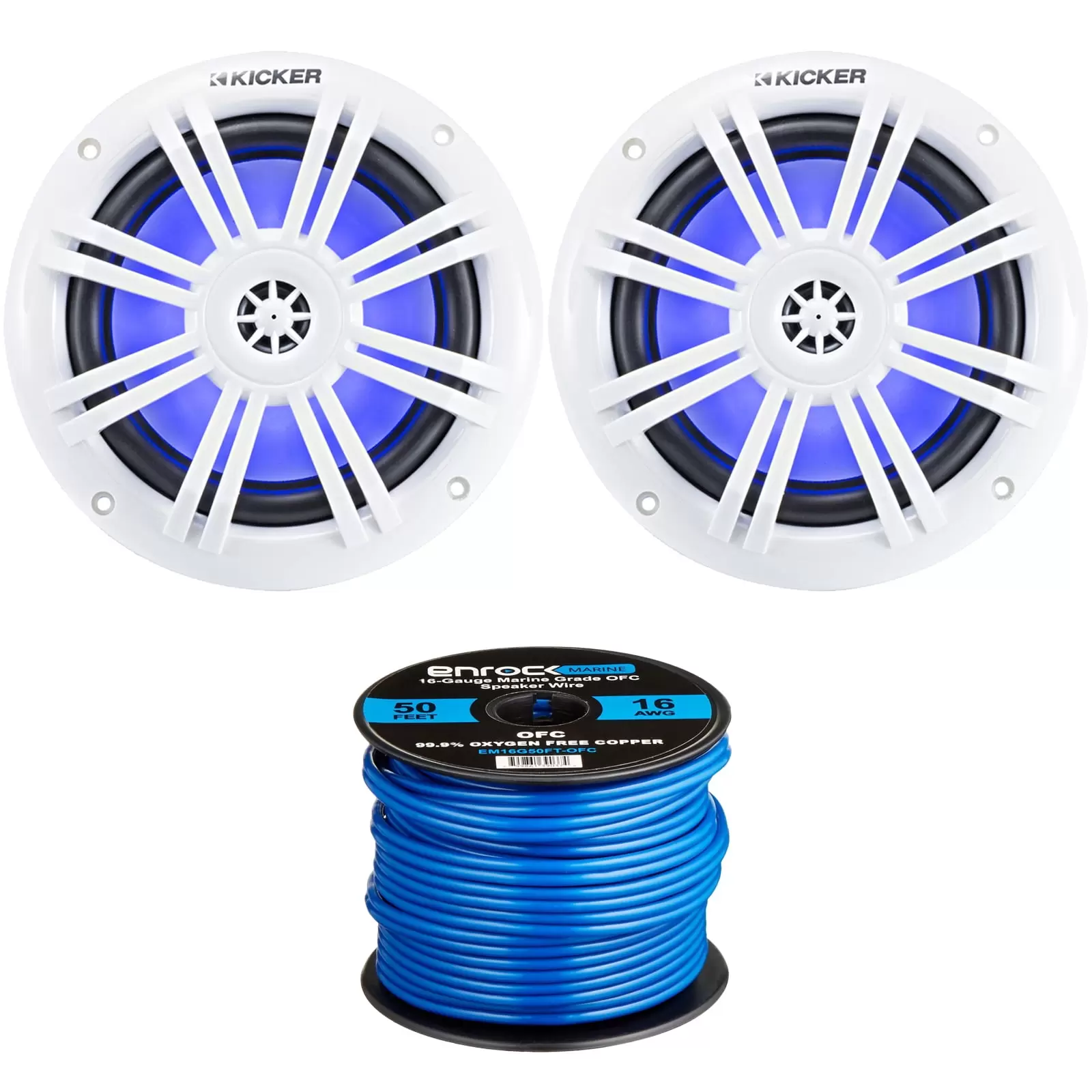 2 x Kicker 6.5 Marine Boat Blue LED Coaxial Full-Range 150W Speakers with with Enrock Marine-Grade 50 Foot 16-Gauge Tinned Speaker Wire