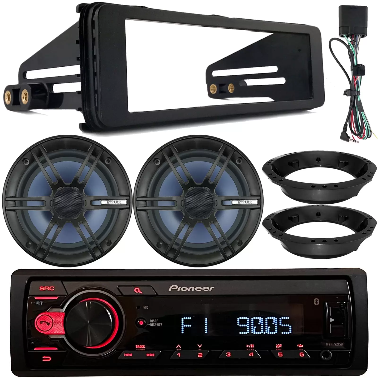 Pioneer MVH-S215BT Single DIN Bluetooth USB AUX AM/FM Radio Receiver. 2x 6.5 120W Marine Speakers. Stereo Install Kit. Speaker Adapters (Fits Select 1998-2013 Harley Davidson Touring Motorcycles)