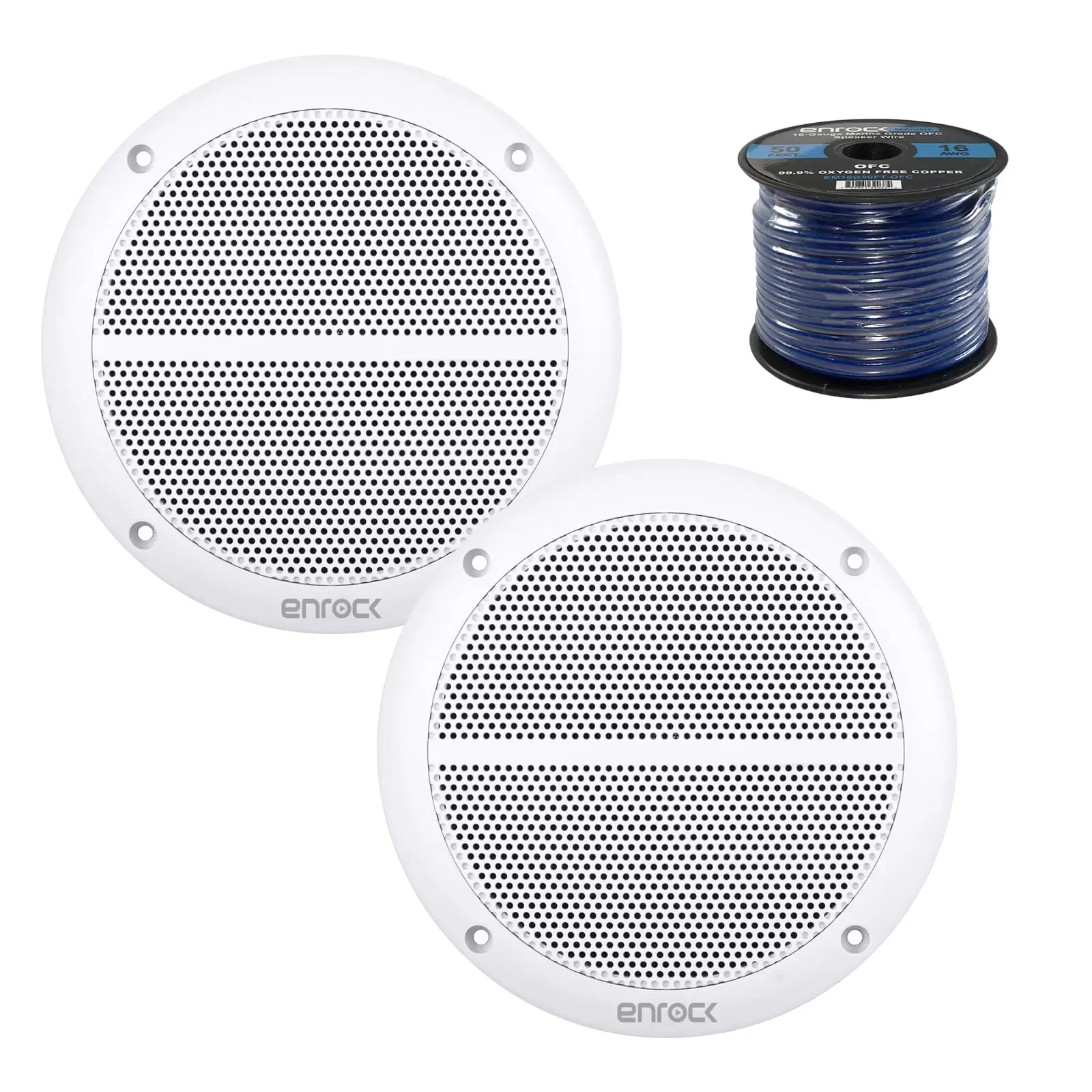 2X Enrock Marine EM602W Dual 6.5 Inch Weather Resistant Full Range Speakers 250 Watts Peak. Enrock Audio Marine Grade Spool of 50 Foot 16-Gauge Speaker Wire