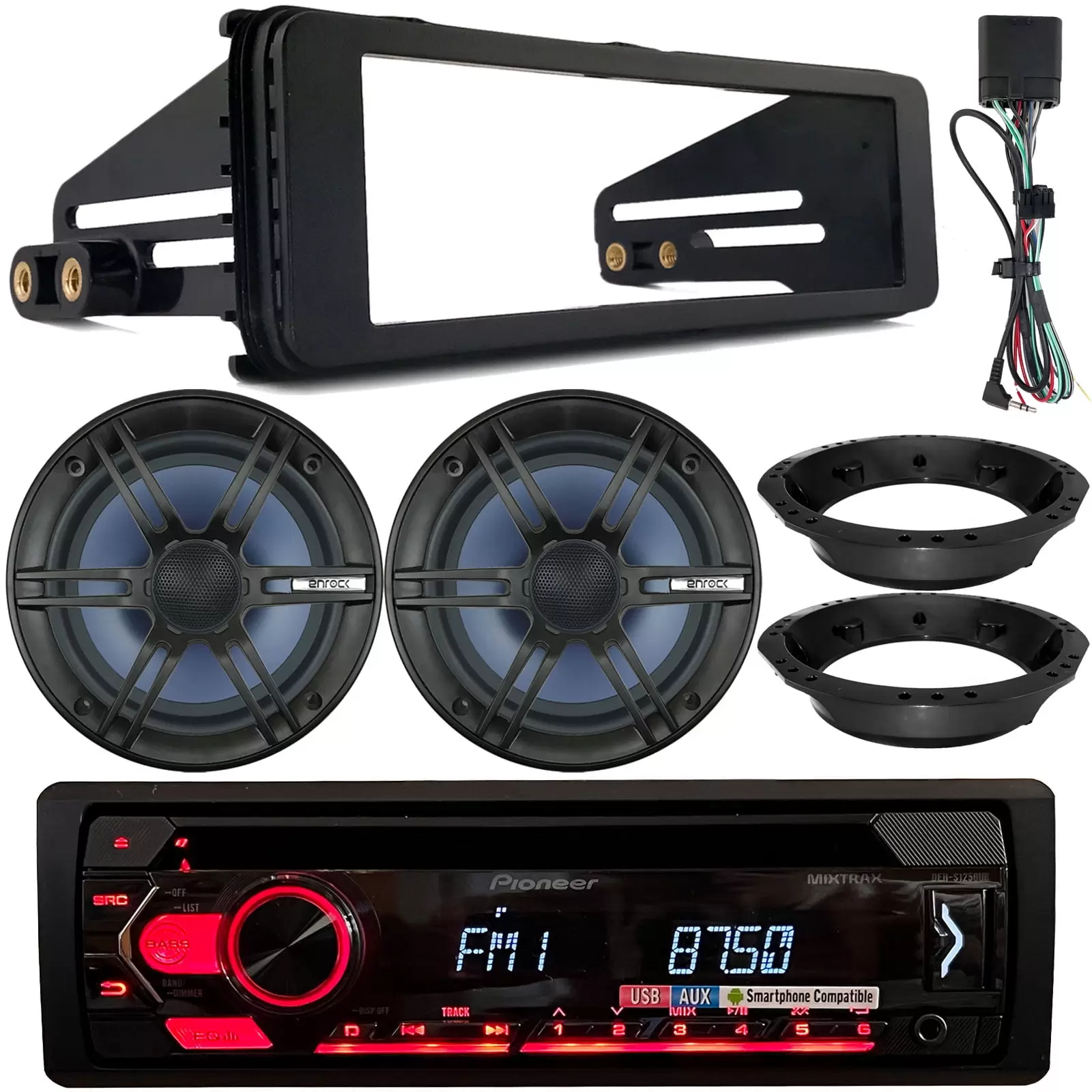 Pioneer DEH-S1250UB Single DIN AM/FM Radio USB AUX CD Receiver. 2x 6.5 120W Marine Speakers. Stereo Install Kit. Speaker Adapters (Fits Select 1998-2013 Harley Davidson Touring Motorcycles)