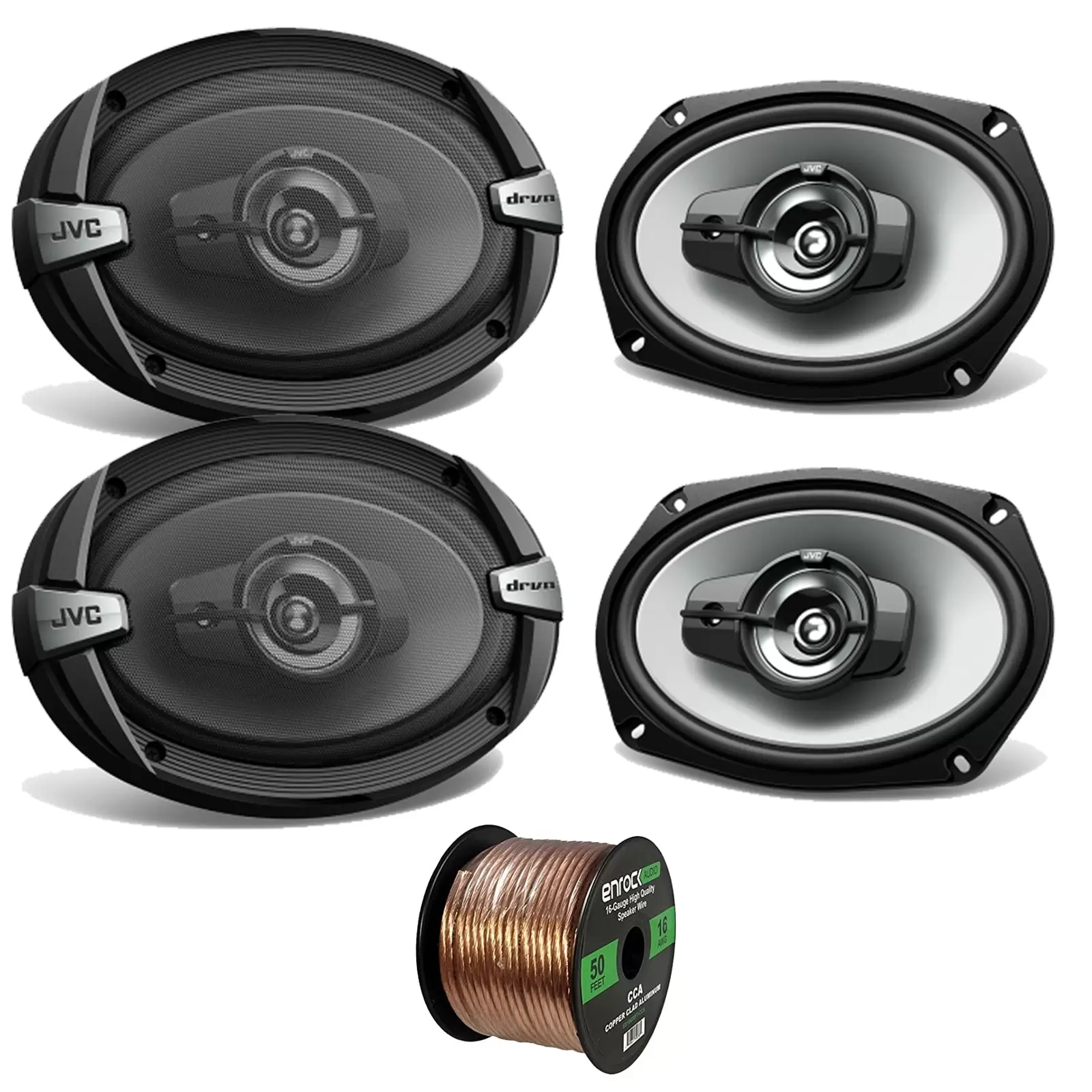 Car Speaker Bundle Combo: 2 Pairs of JVC CS-DR693 6x9 Inch 4-Way 1100 Watt Audio Coaxial Upgrade Speakers + Enrock 50 Foot 16 Gauge Speaker Wire