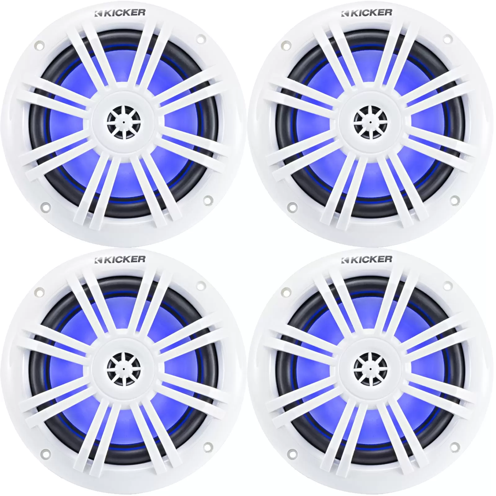 2 Pairs of Kicker 6.5 4-Ohm 150W Marine Boat Coaxial Full-Range Audio Speakers w/ Blue LED Lighting - Rustproof Stainless Steel Construction - Exceeds Marine Industry Standards