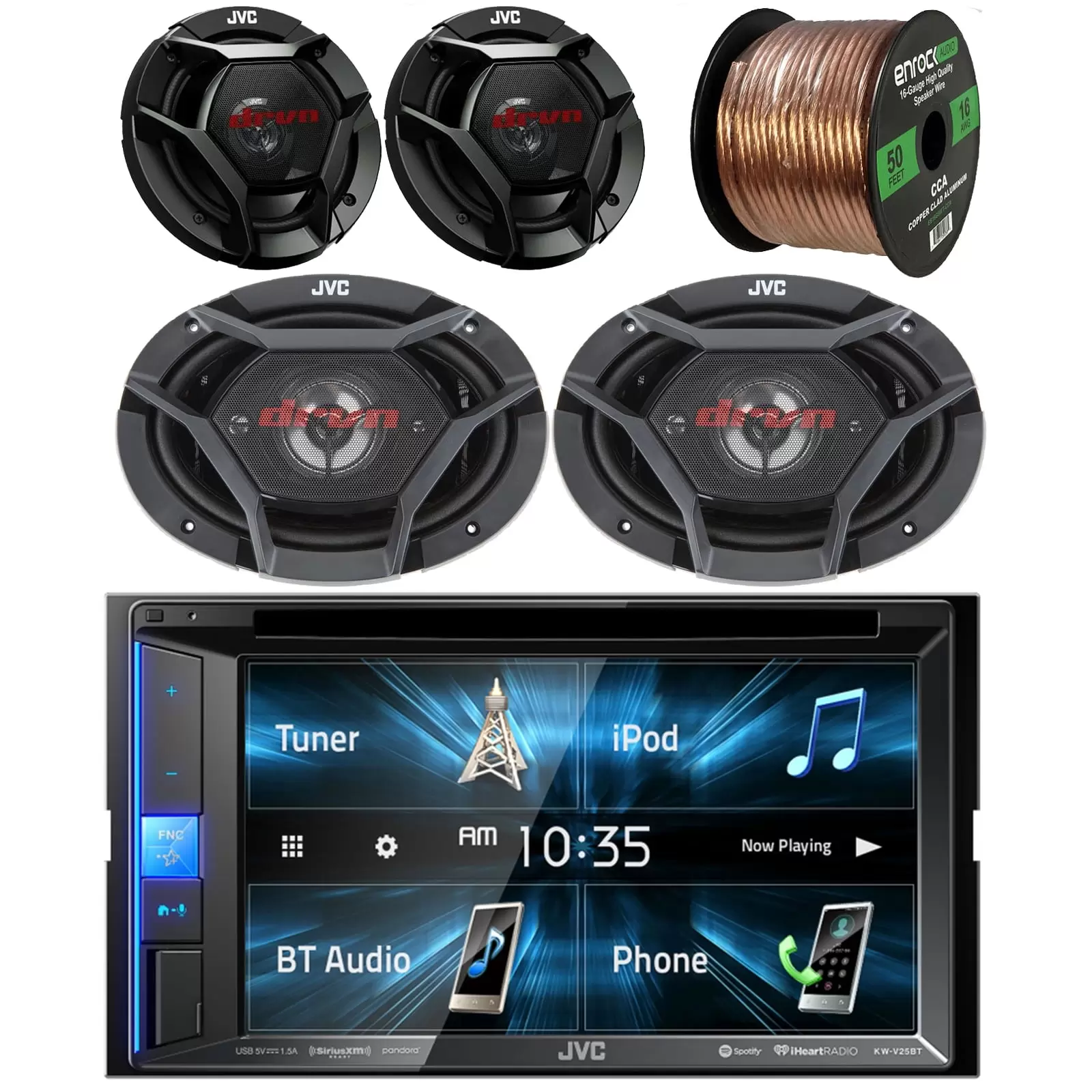 JVC Double DIN 6.2 WVGA Touchscreen AM/FM Radio Bluetooth USB CD Stereo Receiver Bundle with (QTY 2) JVC 6.5 2-Way Coax 300W Speakers. (QTY 2) JVC 550 Watt 6x9 4-Way Coax Speakers + Speaker Wire