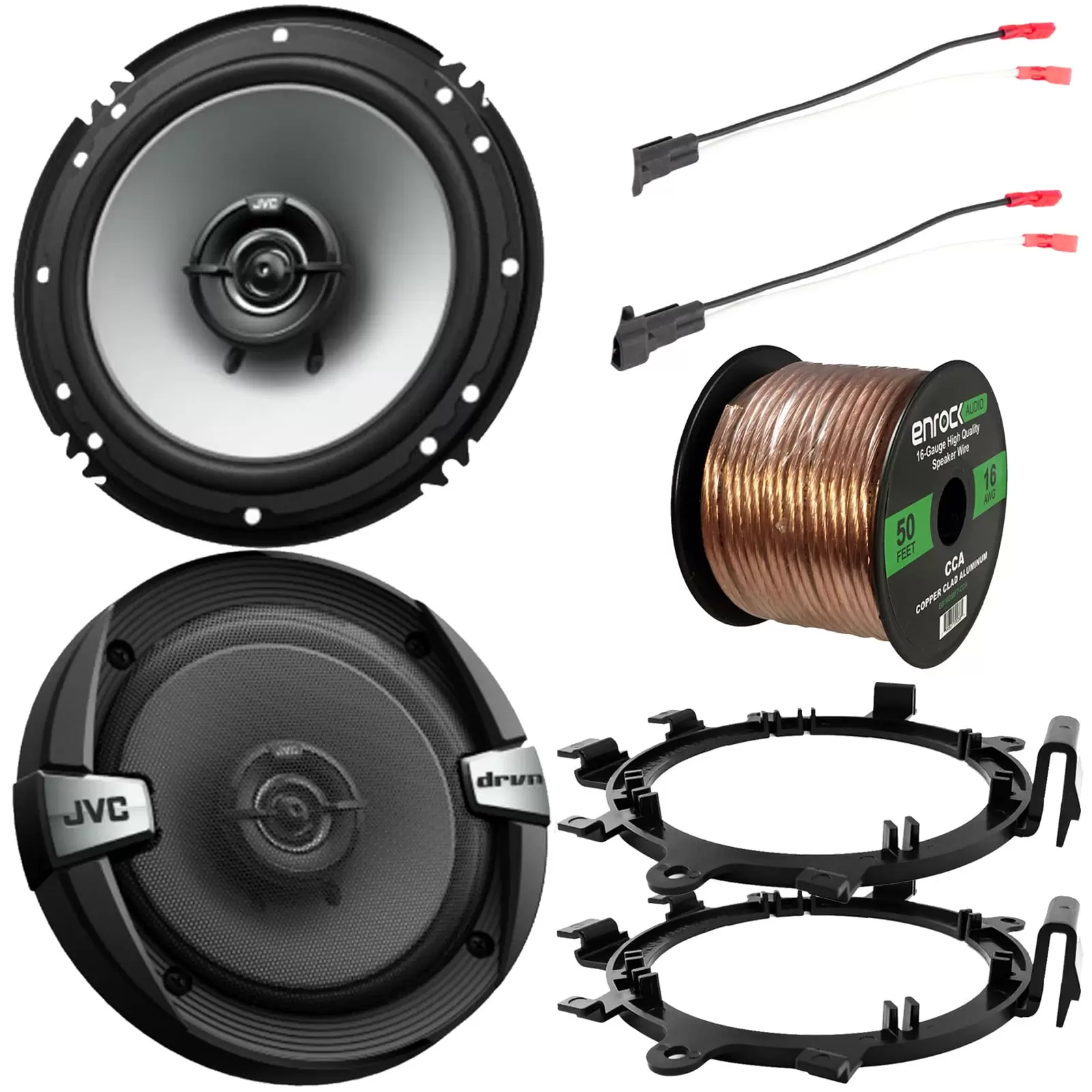 2 x DR Series 6.5 2-Way Coaxial 300W Max Power 4 Ohm Car Audio Speakers with 2 x Enrock Mounting Ring Adaptors. 2 x Speaker Harness. Speaker Wire (Bundle Fits Select GM Vehicles)