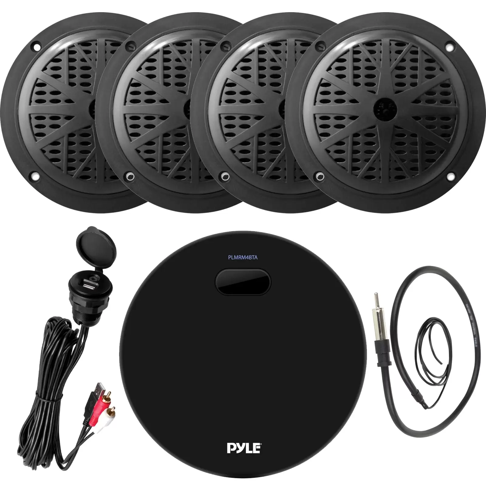 Pyle PLMRM4BTA Marine Water Resistant Bluetooth USB AUX Amplifier Receiver with 2 Pairs of 5.25'' 100 Watts 2-Way Full Range Black Waterproof Marine Stereo Speakers. Wired Antenna. USB/AUX Interface