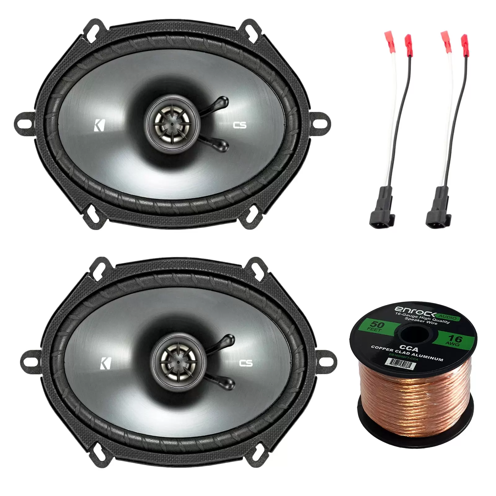 Kicker 43CSC684 450-Watt 6x8 CS Series 2-Way Black Car Coaxial Speakers. EFDSH98UP Speaker Harness Adapter W/ Red Bullet for Select Ford Vehicles 1998-UP. 16-Gauge 50 Foot Speaker Wire