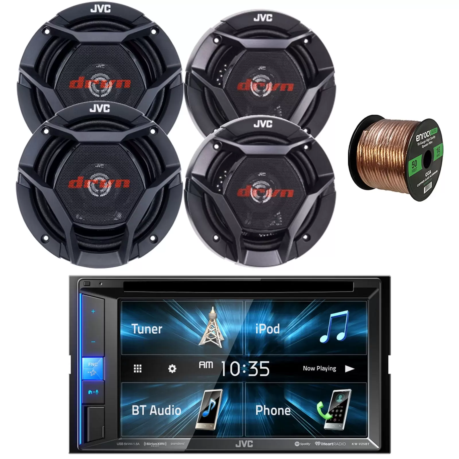 JVC KW-V25BT Double-DIN AM/FM Radio Bluetooth USB CD Player Receiver Bundle with 2x 6.75 300W Max Shallow-Mount Car Audio Speakers. 2x 6.5 2-Way Coaxial 300W Automotive Speakers. Speaker Wire