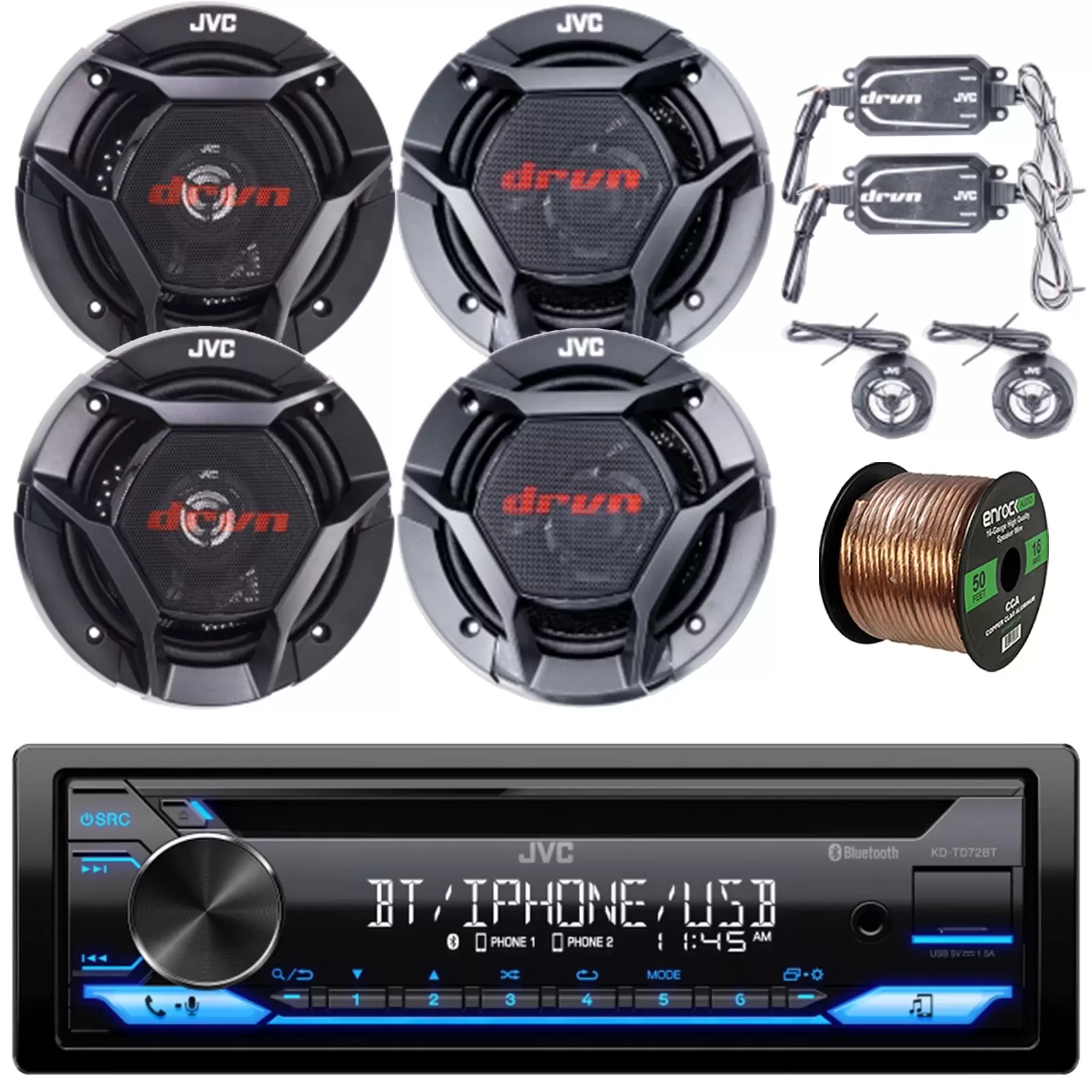 JVC KD-TD72BT Single DIN Bluetooth USB AUX AM/FM Radio CD Player Receiver Bundle with 2x 6.5 2-Way 360W Peak Car Audio Component Speakers. 2x 6.5 Coaxial 300W Max Vehicle Speakers. Speaker Wire