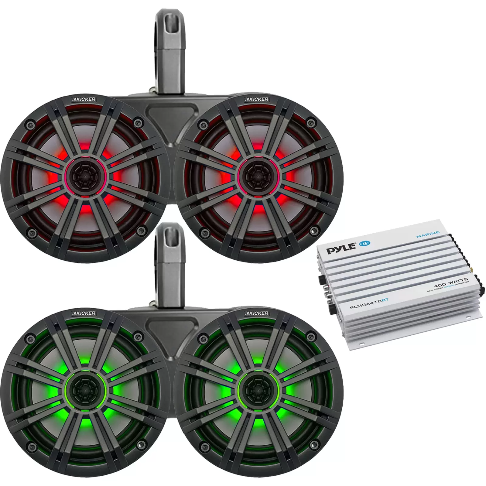 4x Kicker 6.5 OEM Replacement 195W Coaxial 2-Way MultiColor LED Speakers (Charcoal Grilles) with Weather-Proof Black Twin Tower Enclosures. Pyle 400W Bluetooth 4-Channel Amplifier