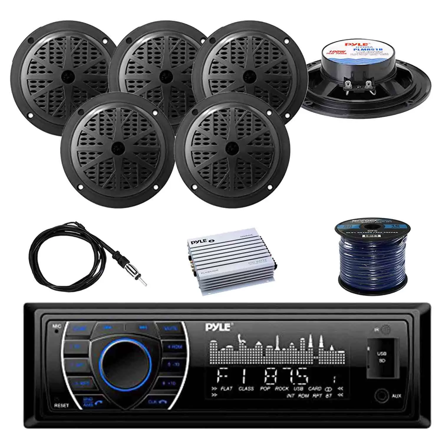 PYLE PLRMR27BTB Marine Bluetooth Receiver Stereo(Black) w/Pyle 100W 5.25'' 2-Way Marine Speakers(3-Pairs). Enrock Marine Antenna. Pyle 4-Channel Marine Amplifier & Enrock Marine 50' 16G Speaker Wire