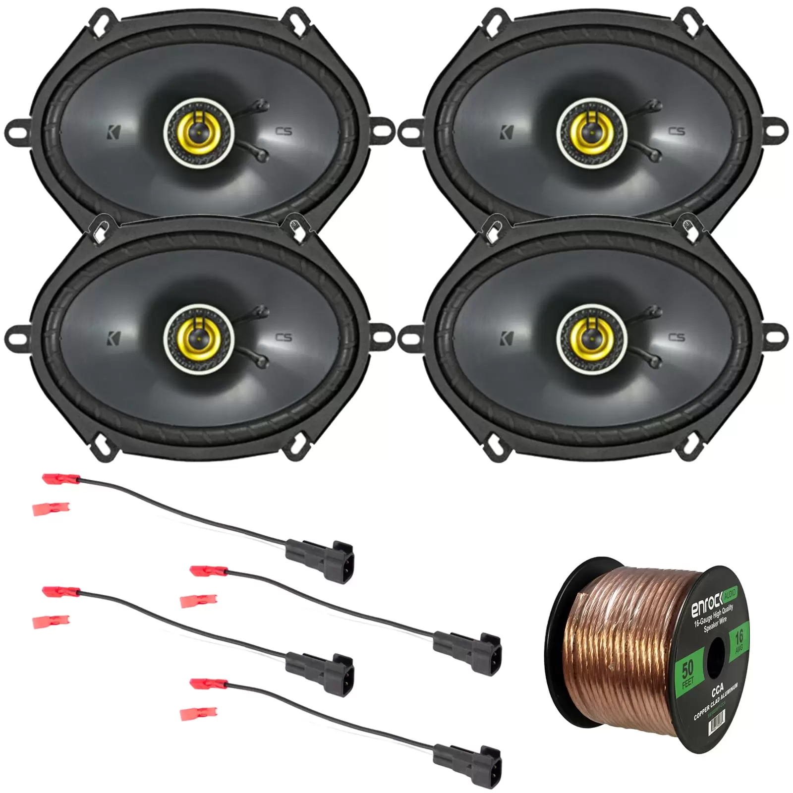 2 Pairs (QTY 4) of 6x8 225 Watts Peak Power 2-Way Car Coaxial Speakers Bundle Combo with Enrock Speaker Harness. 16 Gauge 50 Foot Speaker Wire (Compatible with Select 1998-UP Ford Vehicles)