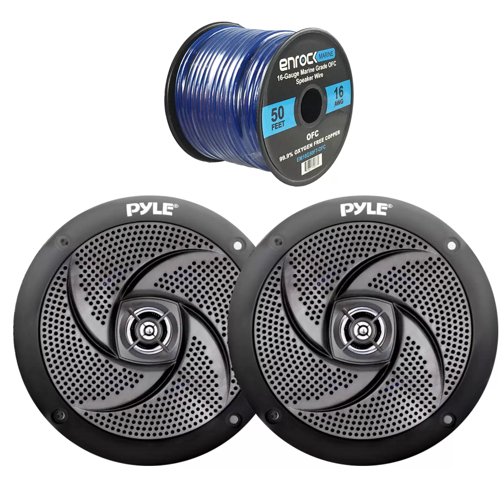 4x Pyle Marine 5.25 2-Way Low Profile Slim Style Waterproof Black Speakers. 16-Gauge 50 Foot Tinned Speaker Wire