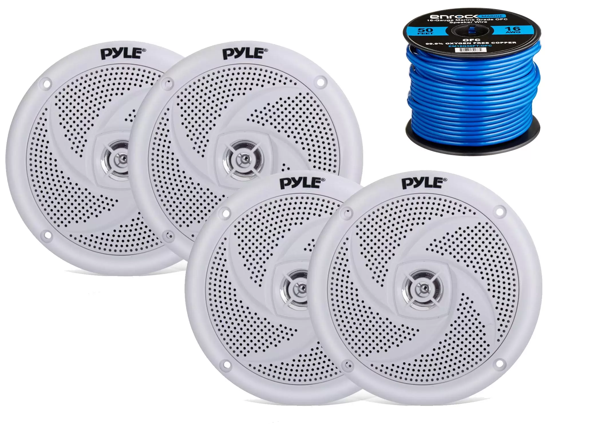 4x Pyle Marine 5.25 2-Way Waterproof White Low Profile Slim Style Speakers. 16-Gauge 50 Foot Tinned Speaker Wire