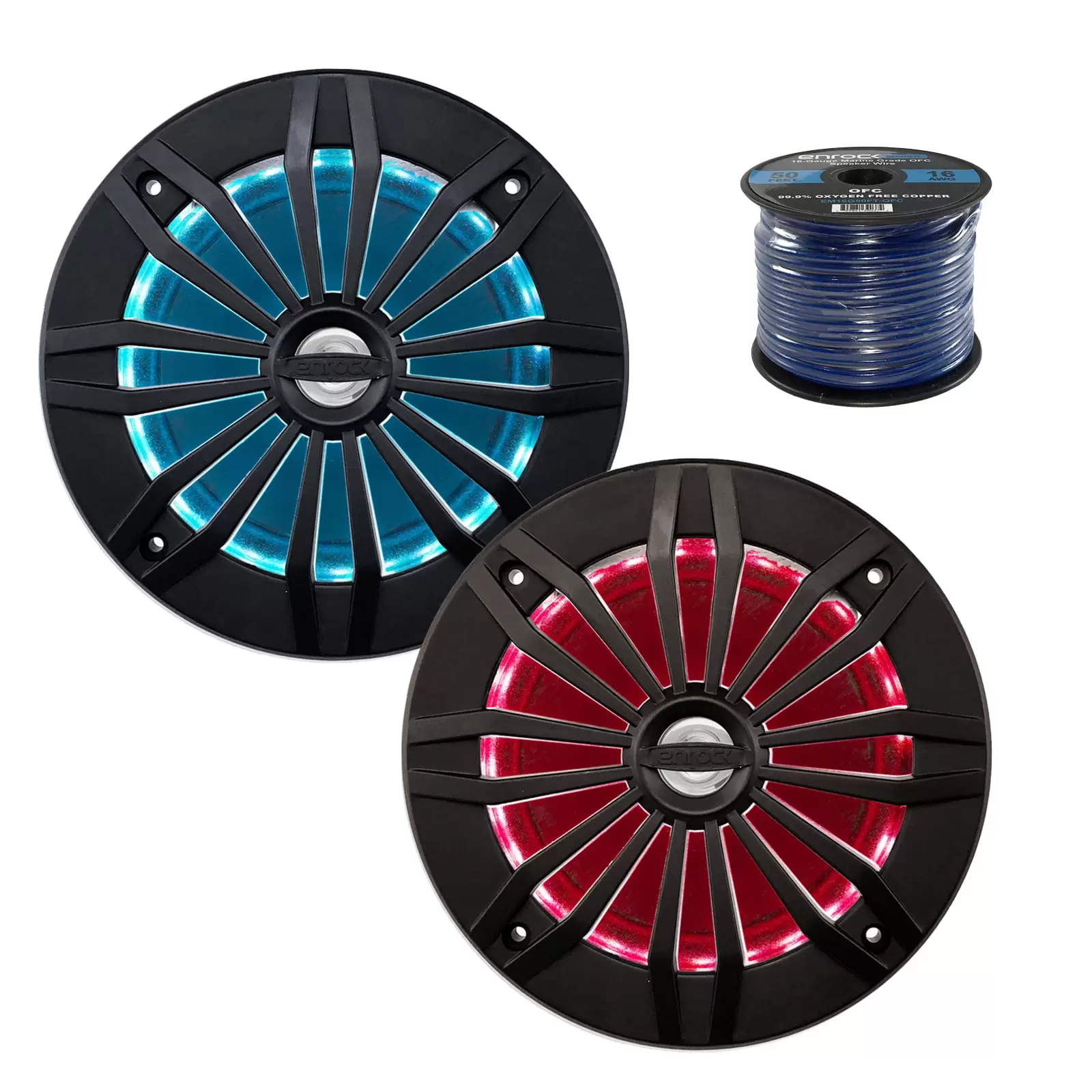 2X EnrockMarine 6.5-Inch Black 2 Way. 200 Watt. Marine. Loudspeaker Featuring Multi Color Illumination Options and Remote Control. Enrock Audio Marine Grade Spool of 50 Foot 16-Gauge Speaker Wire