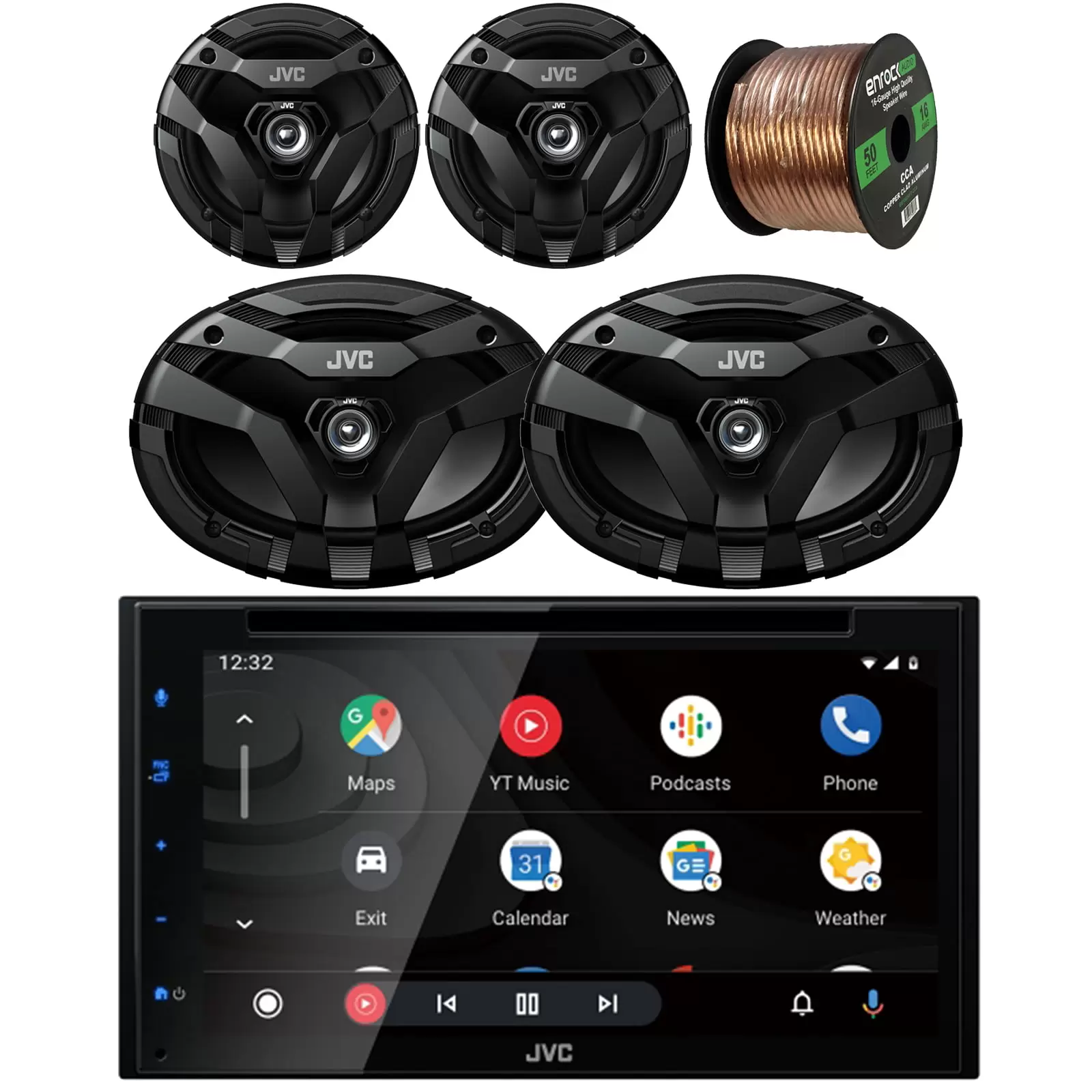 JVC In Dash 2-DIN 6.8 Touchscreen AM/FM Radio DVD Bluetooth Stereo Receiver Bundle with (QTY2) 6.5 2-Way Coax 300 Watts Car Speakers. (QTY2) 6x9 2-Way Coax 400 Watts Peak Speakers + Speaker Wire